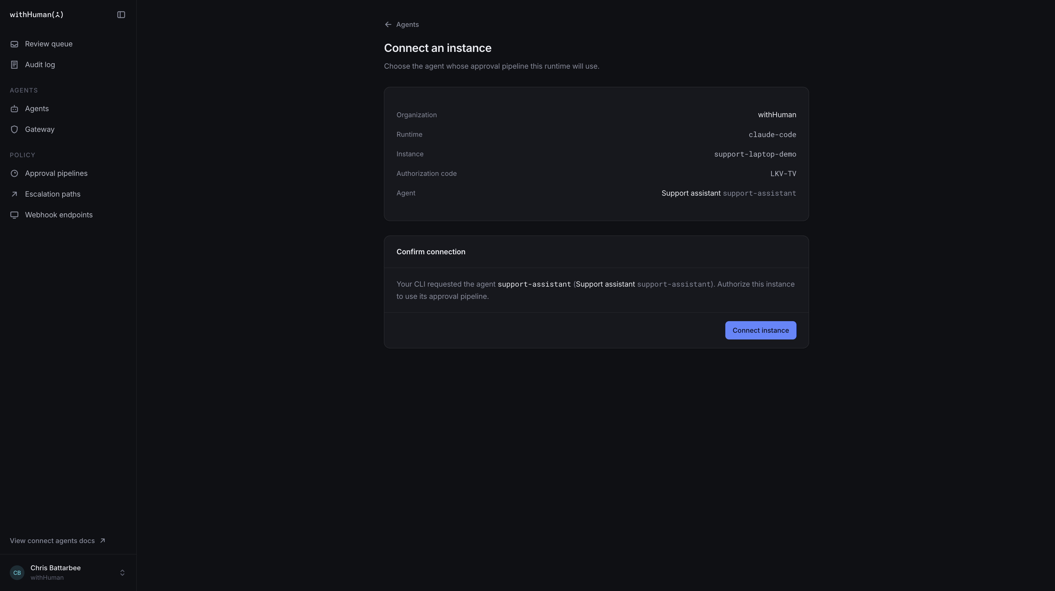 The Connect an instance screen showing the withHuman organization and Support assistant as the requested agent