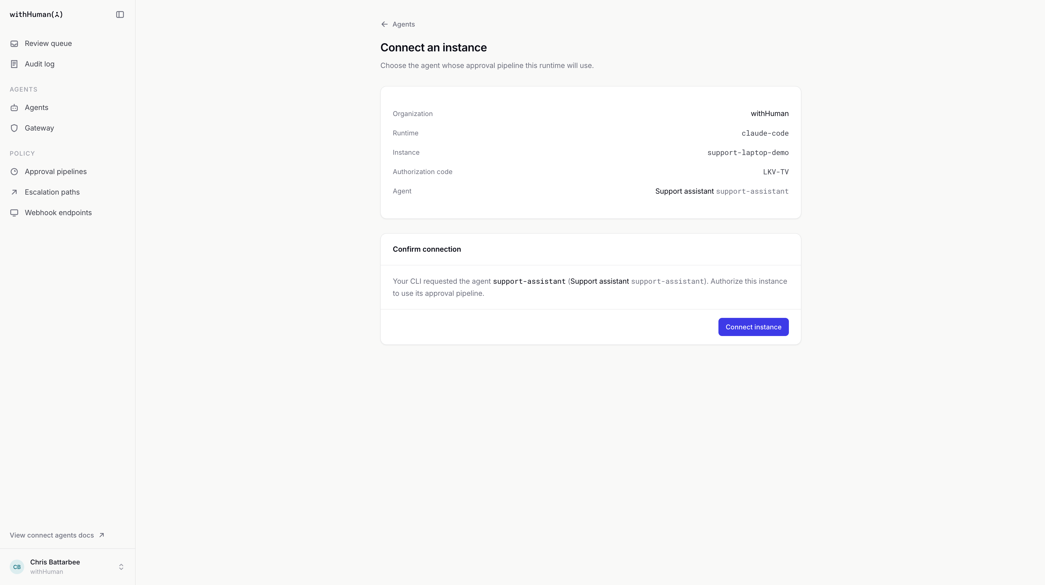 The Connect an instance screen showing the withHuman organization and Support assistant as the requested agent