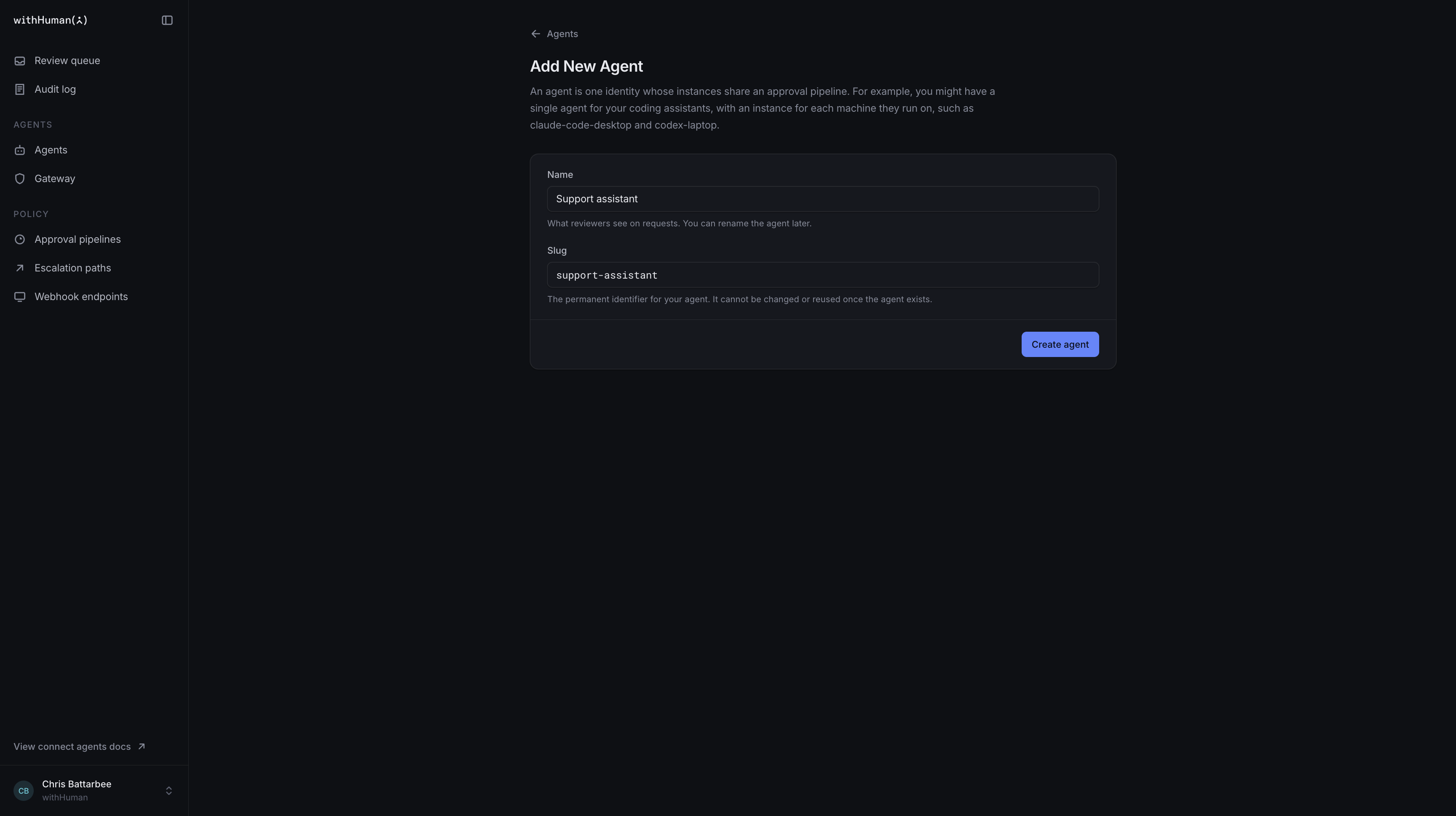 The Add New Agent form with Support assistant as the name and support-assistant as the permanent slug