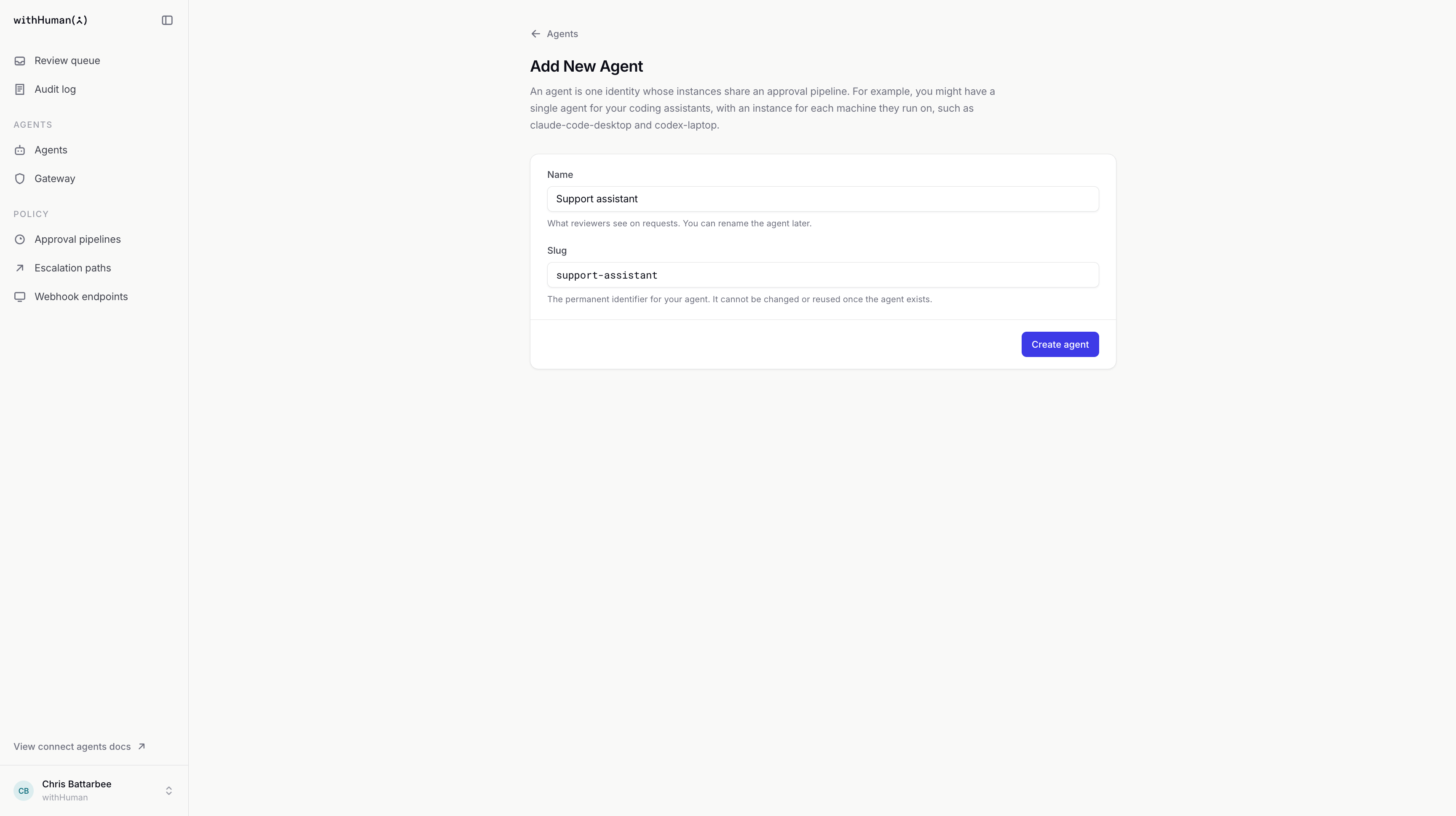 The Add New Agent form with Support assistant as the name and support-assistant as the permanent slug