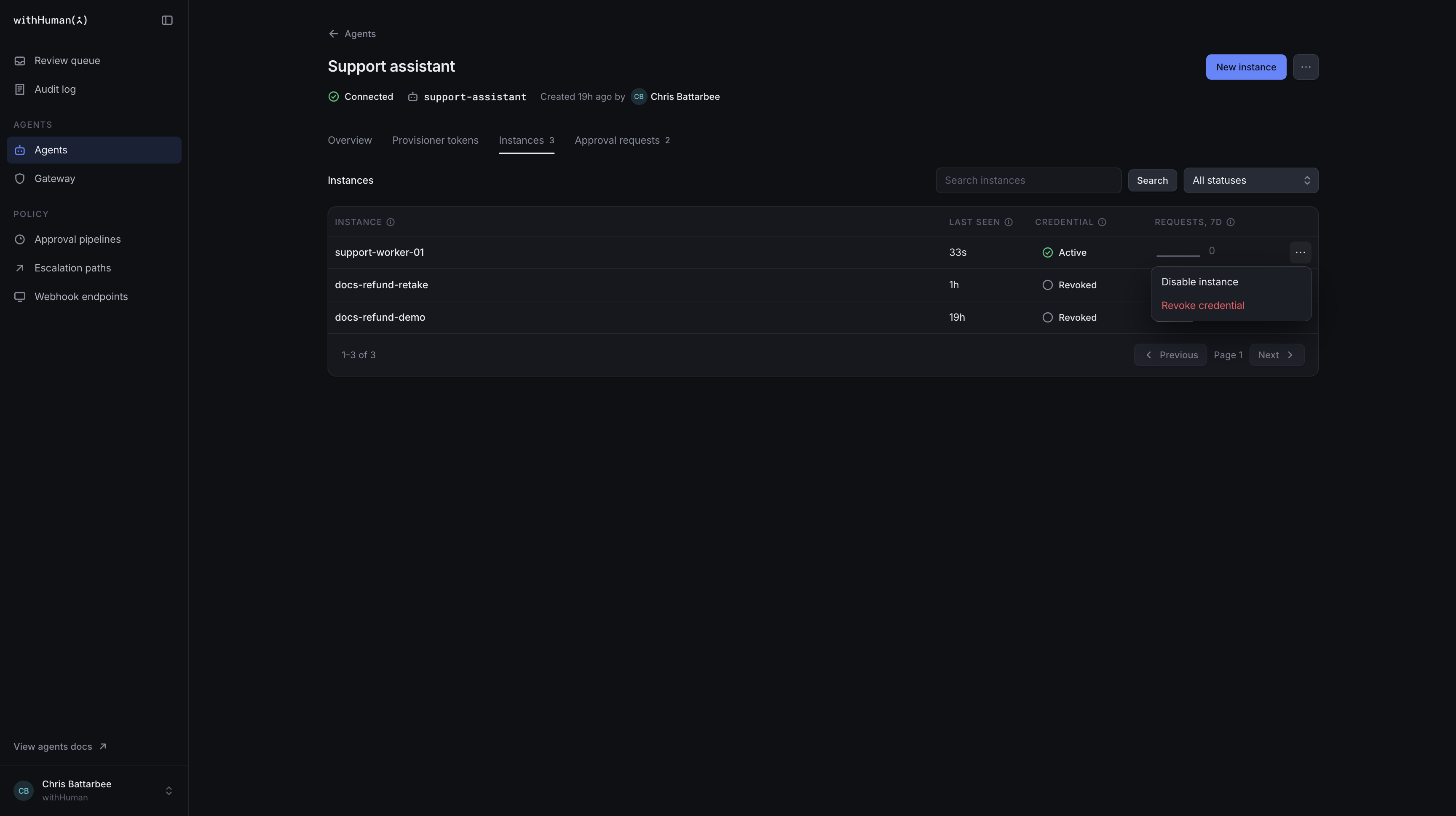 Support assistant's Instances tab with the menu for support-worker-01 showing Disable instance and Revoke credential