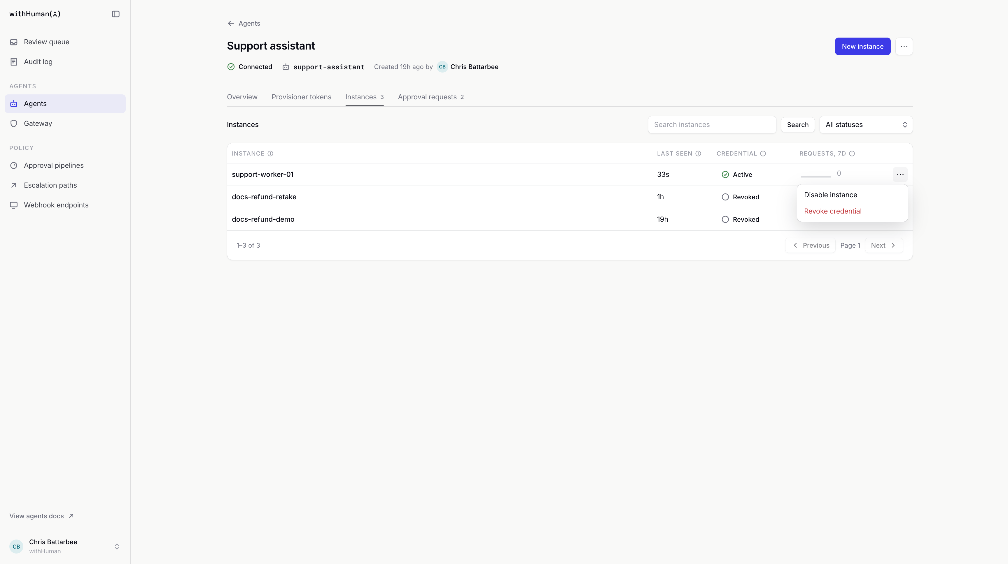 Support assistant's Instances tab with the menu for support-worker-01 showing Disable instance and Revoke credential