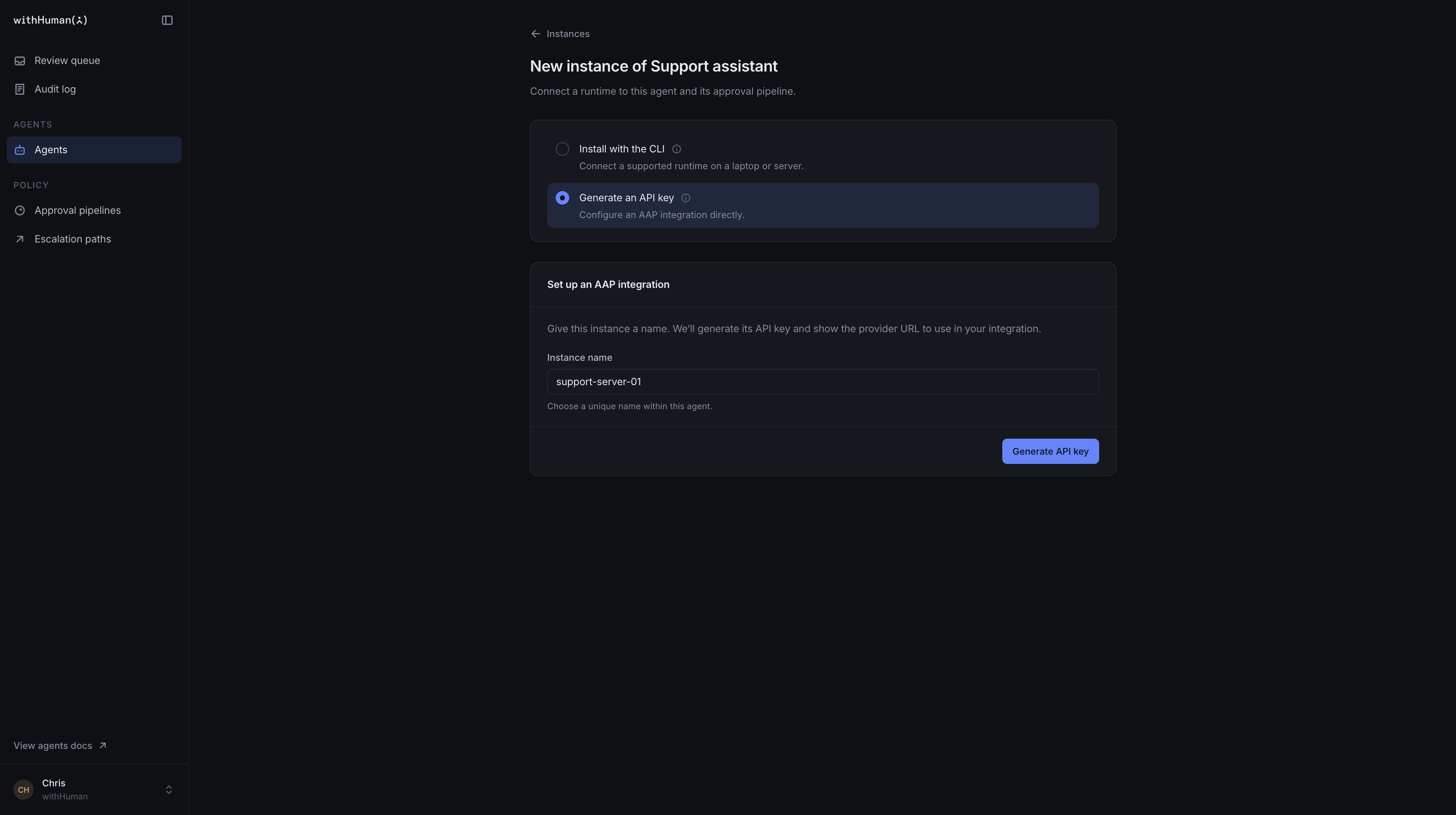 The New instance of Support assistant page with Generate an API key selected and support-server-01 entered as the instance name