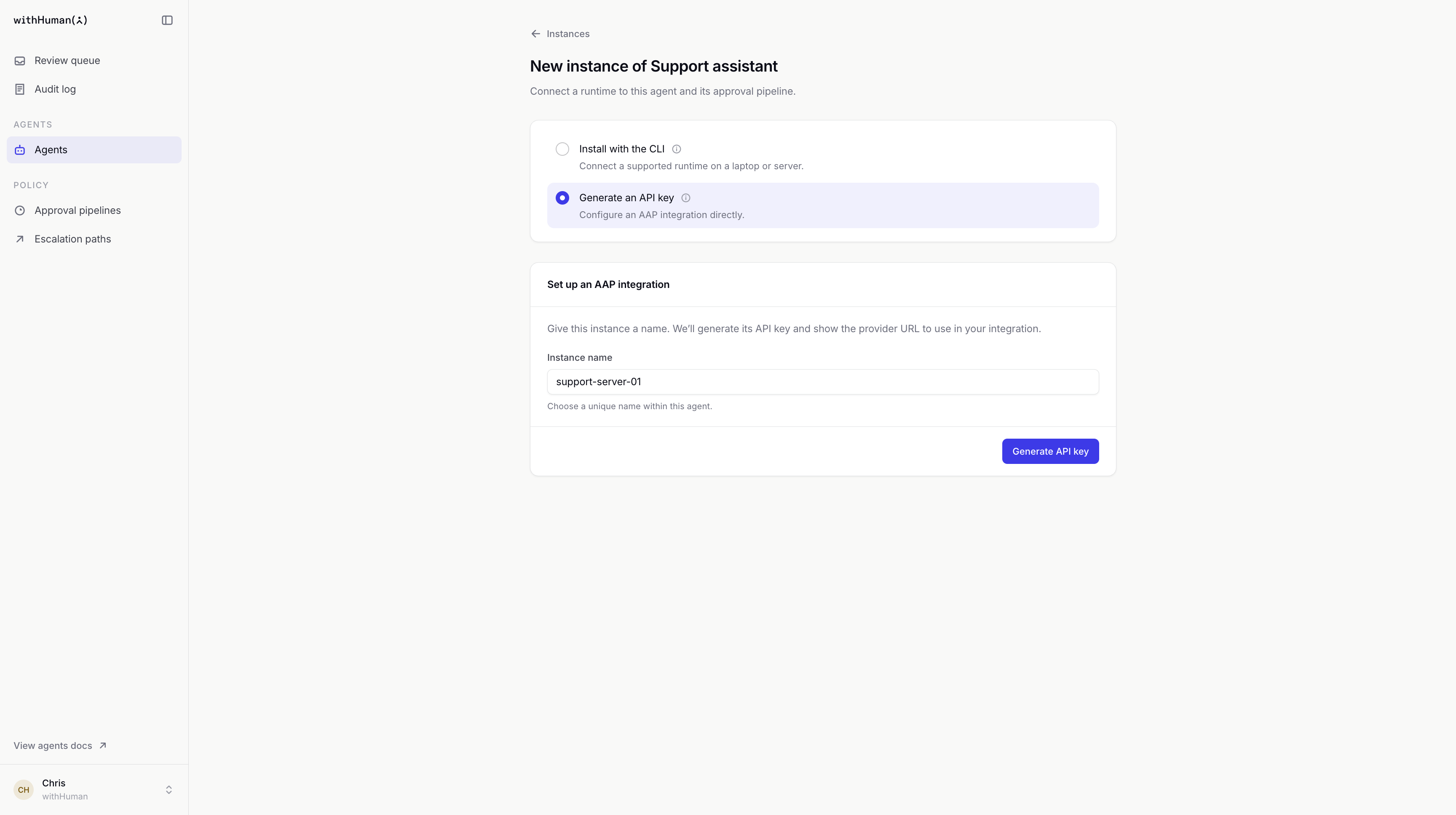 The New instance of Support assistant page with Generate an API key selected and support-server-01 entered as the instance name