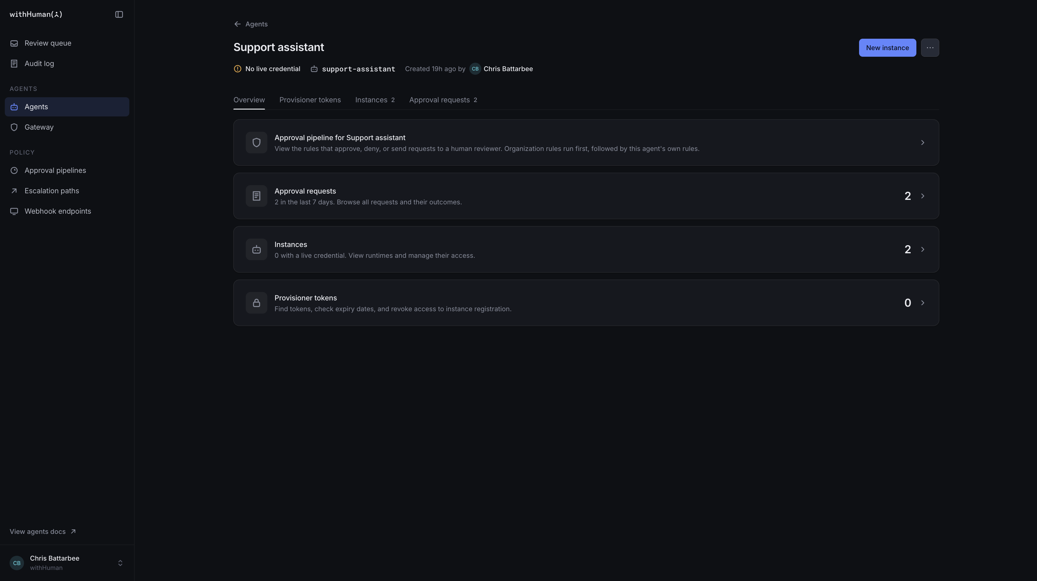 Support assistant Overview with links to its approval pipeline, requests, instances and provisioner tokens