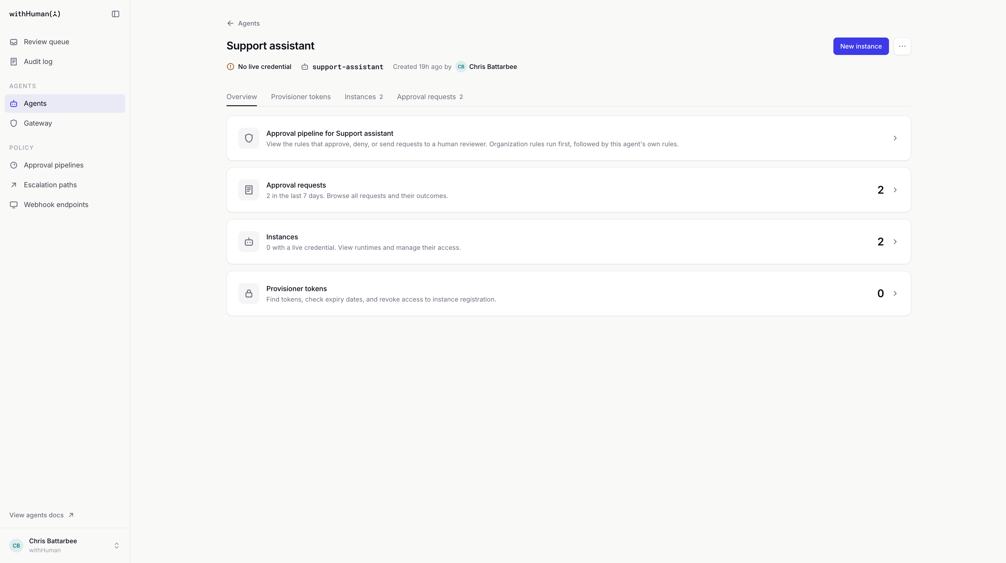 Support assistant Overview with links to its approval pipeline, requests, instances and provisioner tokens