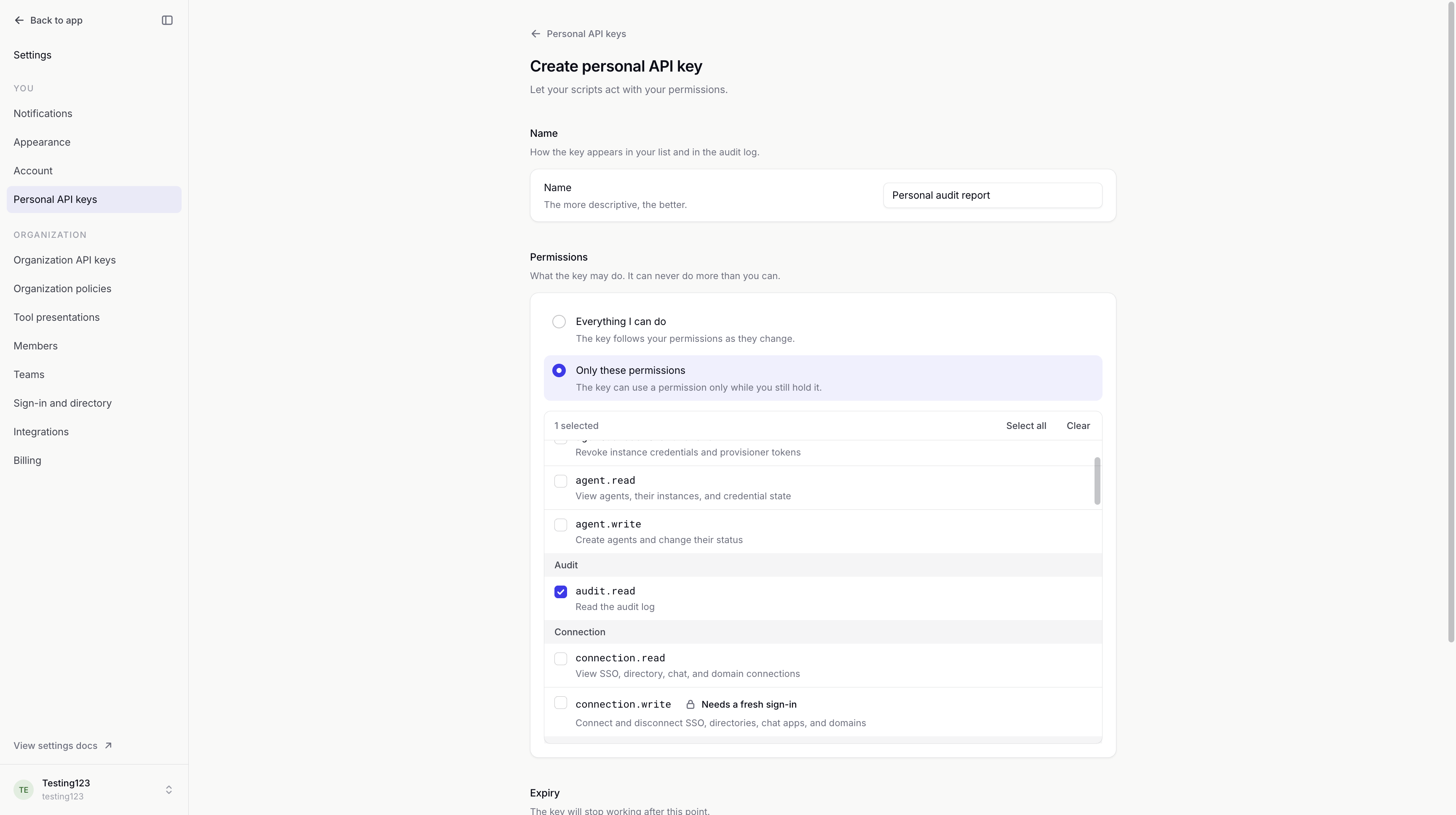 Unsaved personal API key form with Only these permissions selected and audit log reading checked