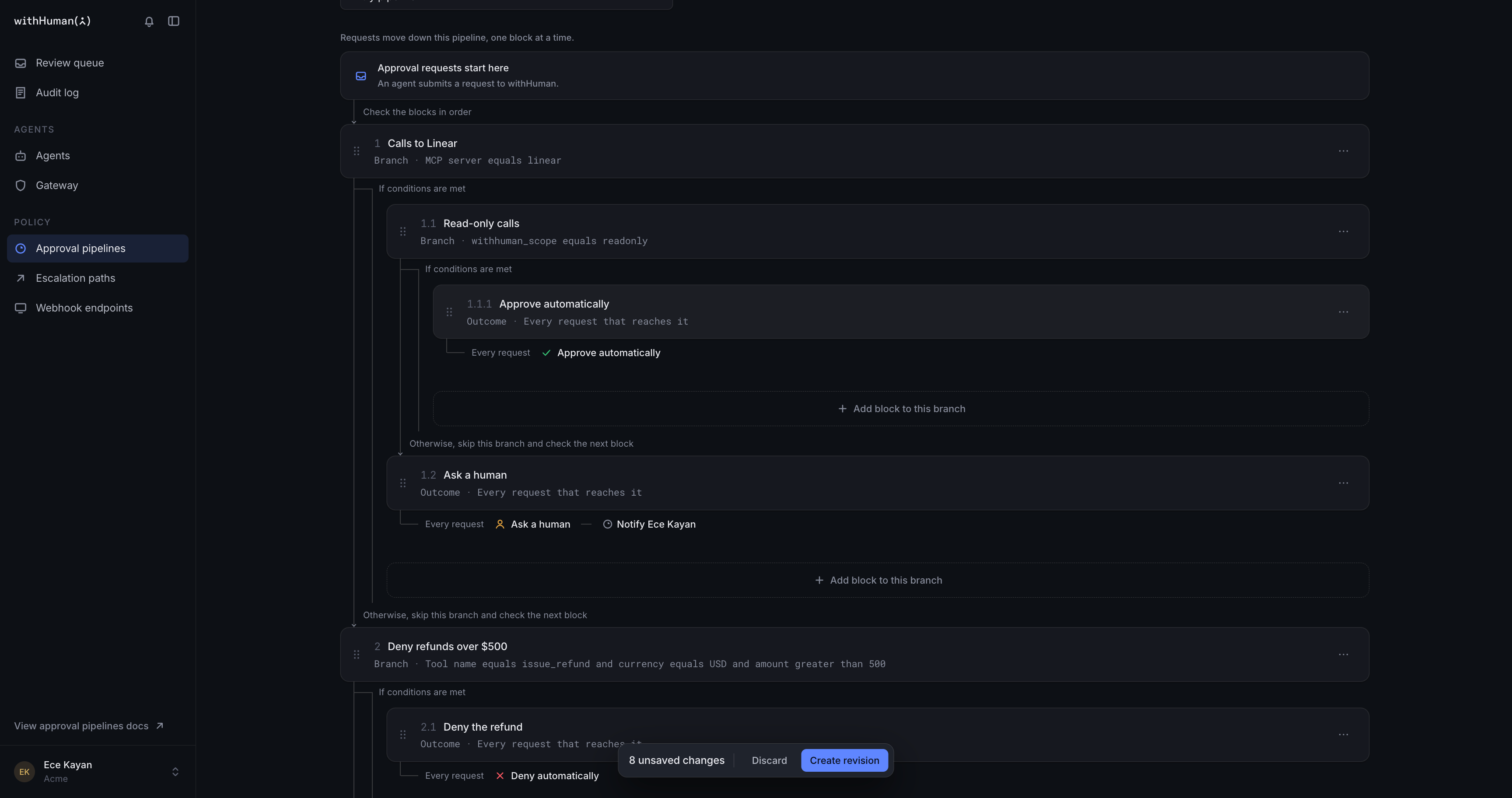 The finished Calls to Linear branch first in the entry pipeline, holding the Read-only calls branch with Approve automatically, then Ask a human