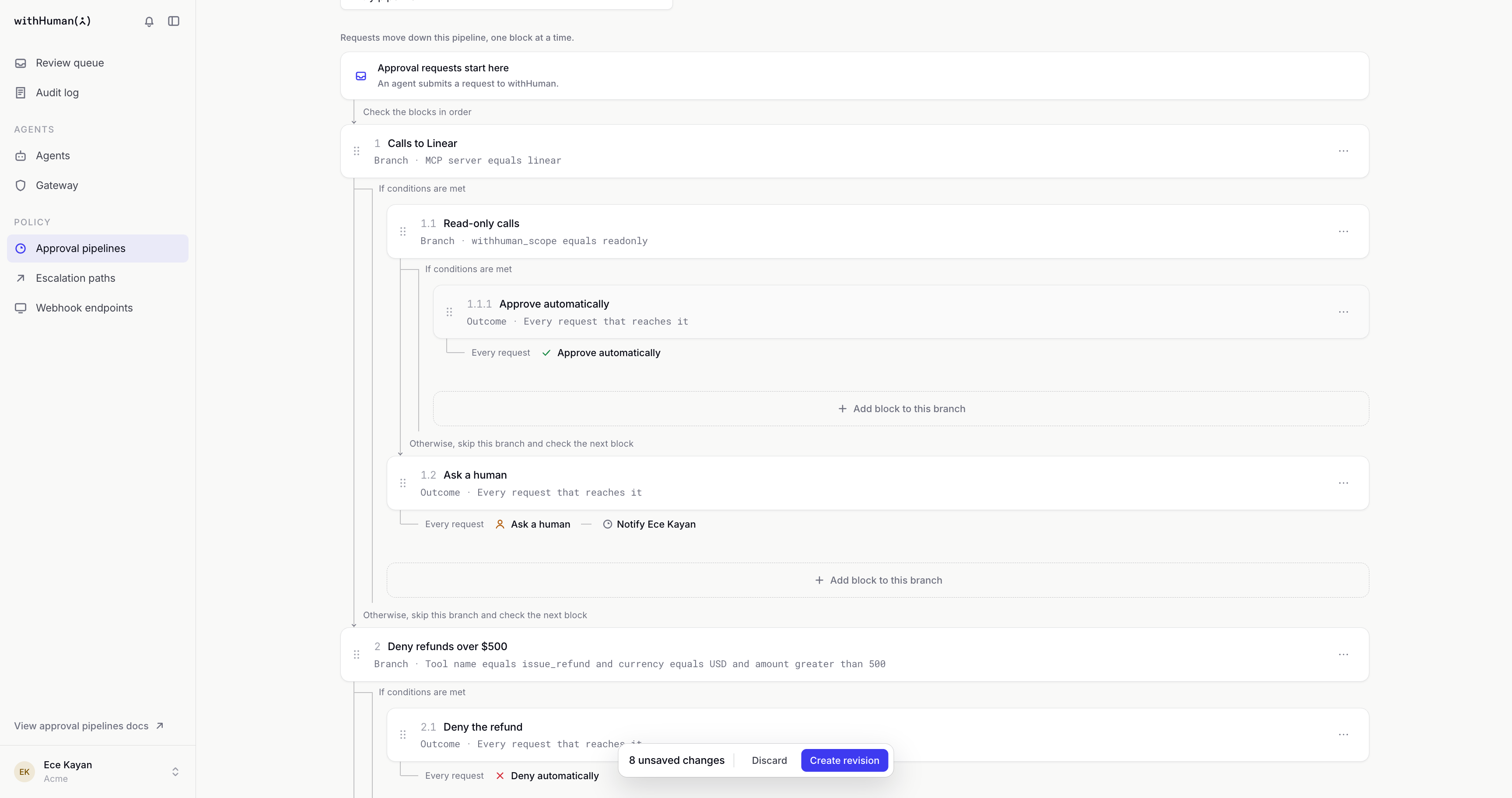 The finished Calls to Linear branch first in the entry pipeline, holding the Read-only calls branch with Approve automatically, then Ask a human