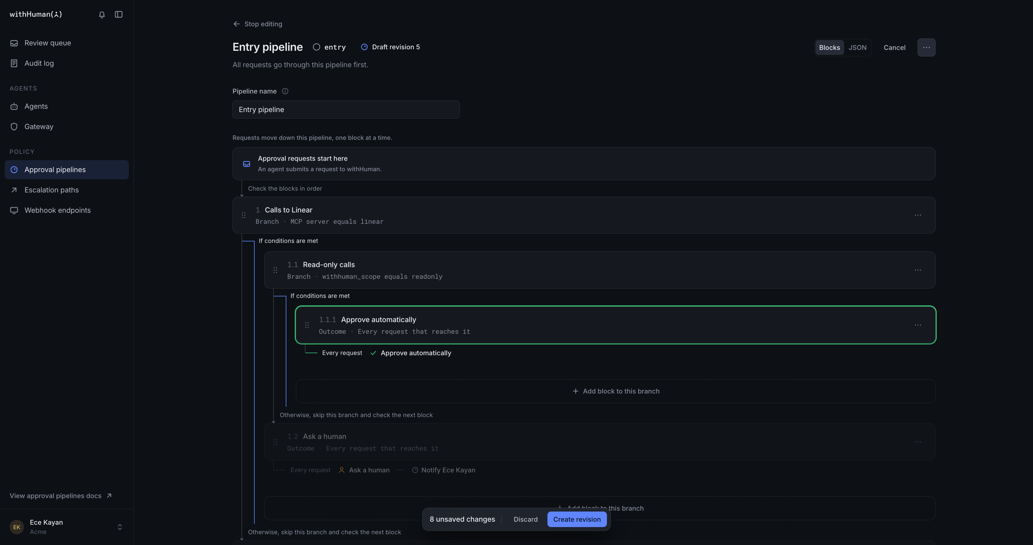 A test of a readonly list_issues call entering Calls to Linear and Read-only calls, ending at Approve automatically
