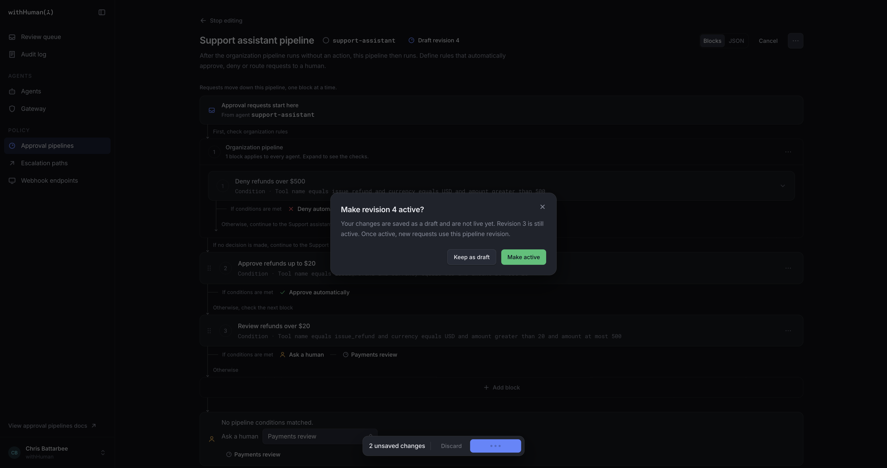 The saved revision dialog offering Keep as draft and Make active