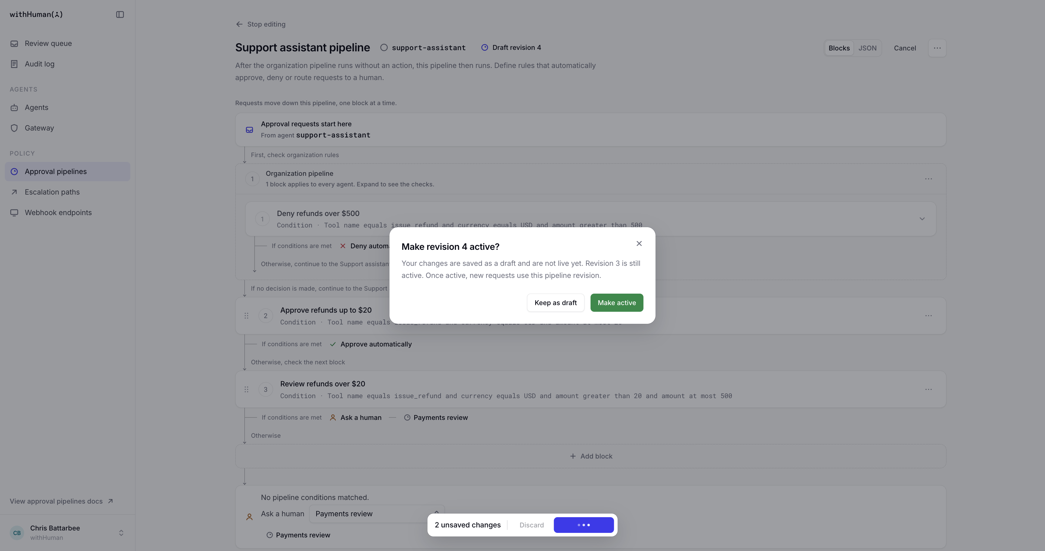 The saved revision dialog offering Keep as draft and Make active