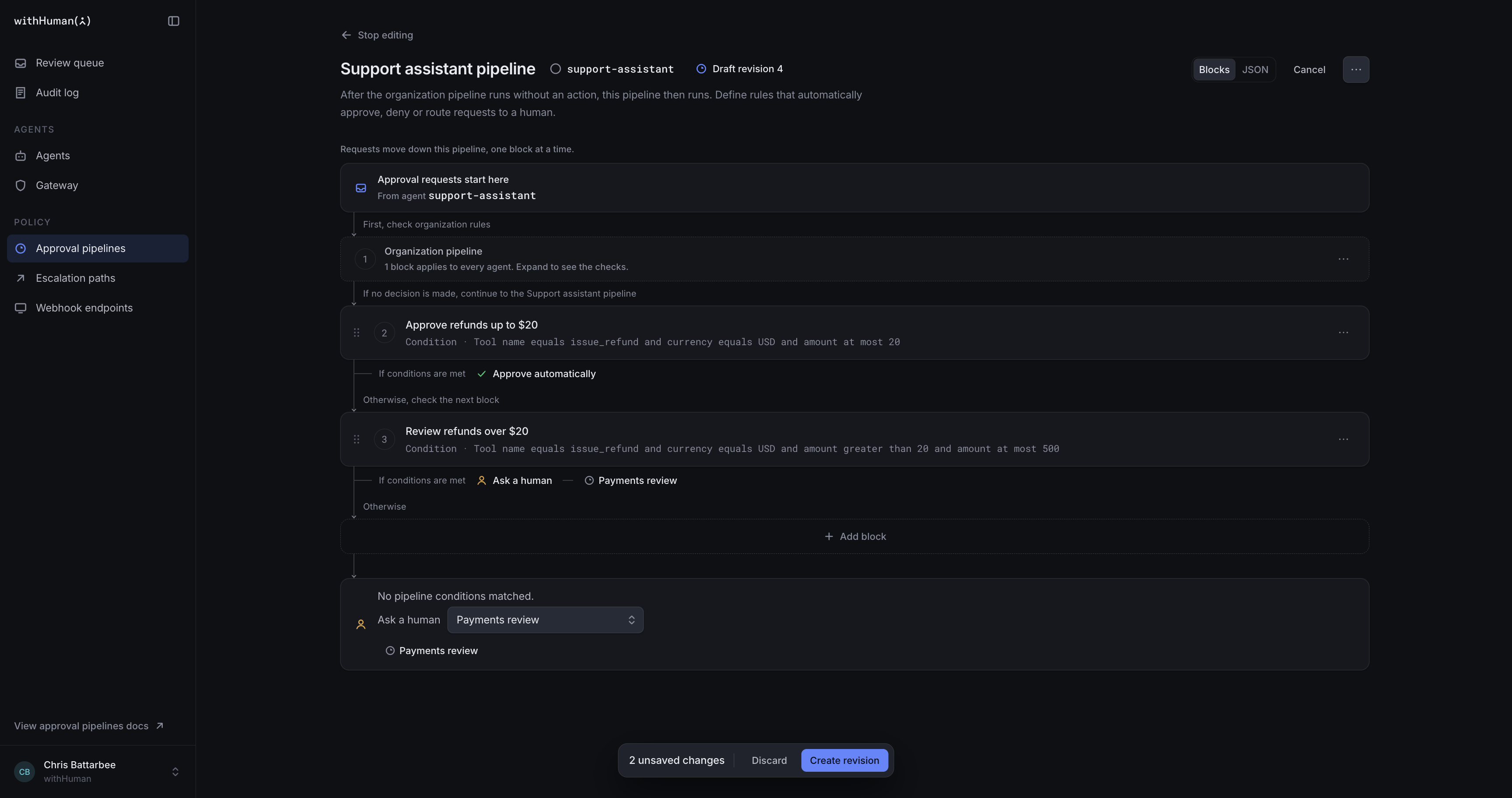Support assistant pipeline with the organization refund cap followed by automatic approval and human-review blocks