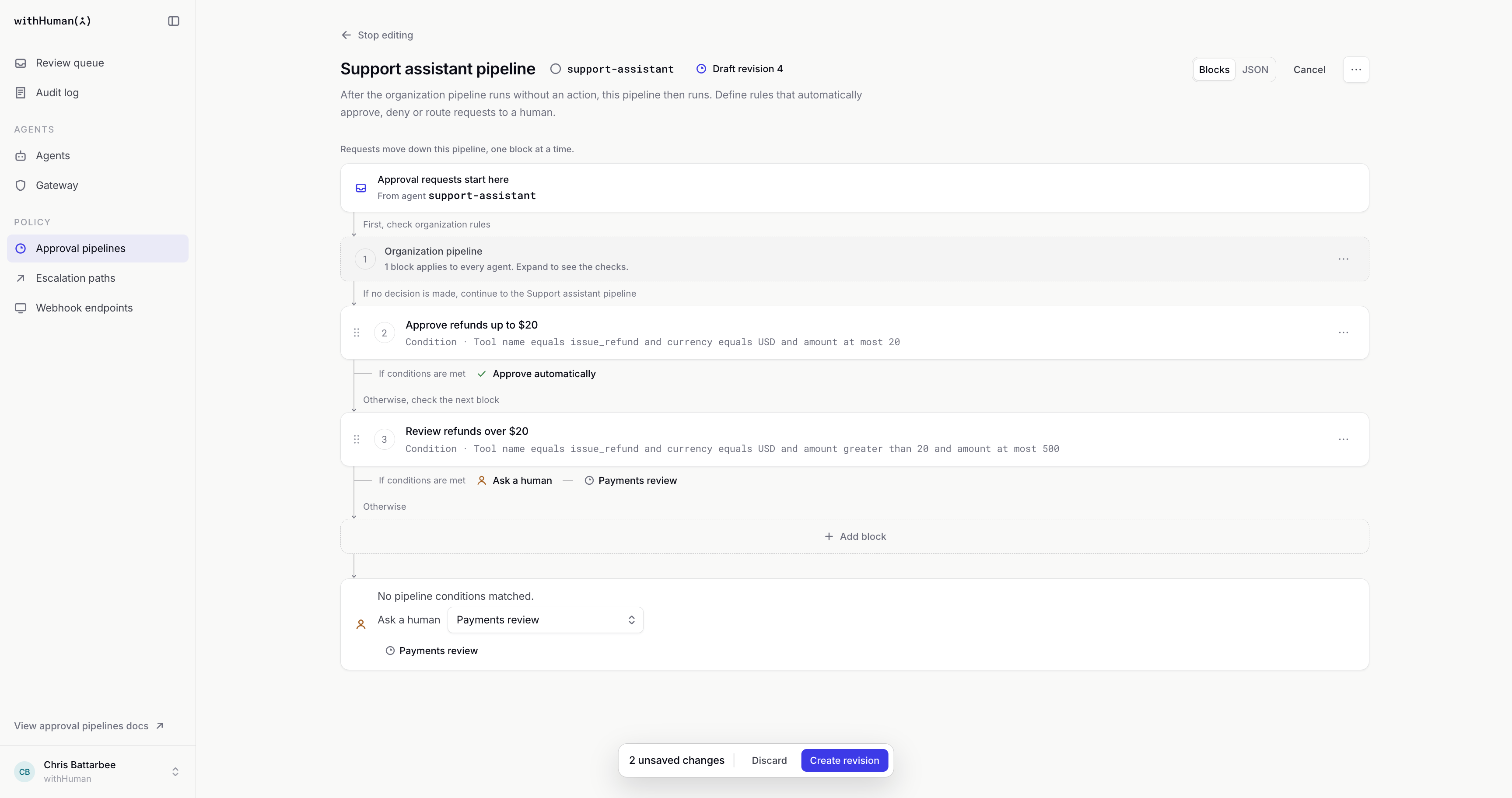 Support assistant pipeline with the organization refund cap followed by automatic approval and human-review blocks