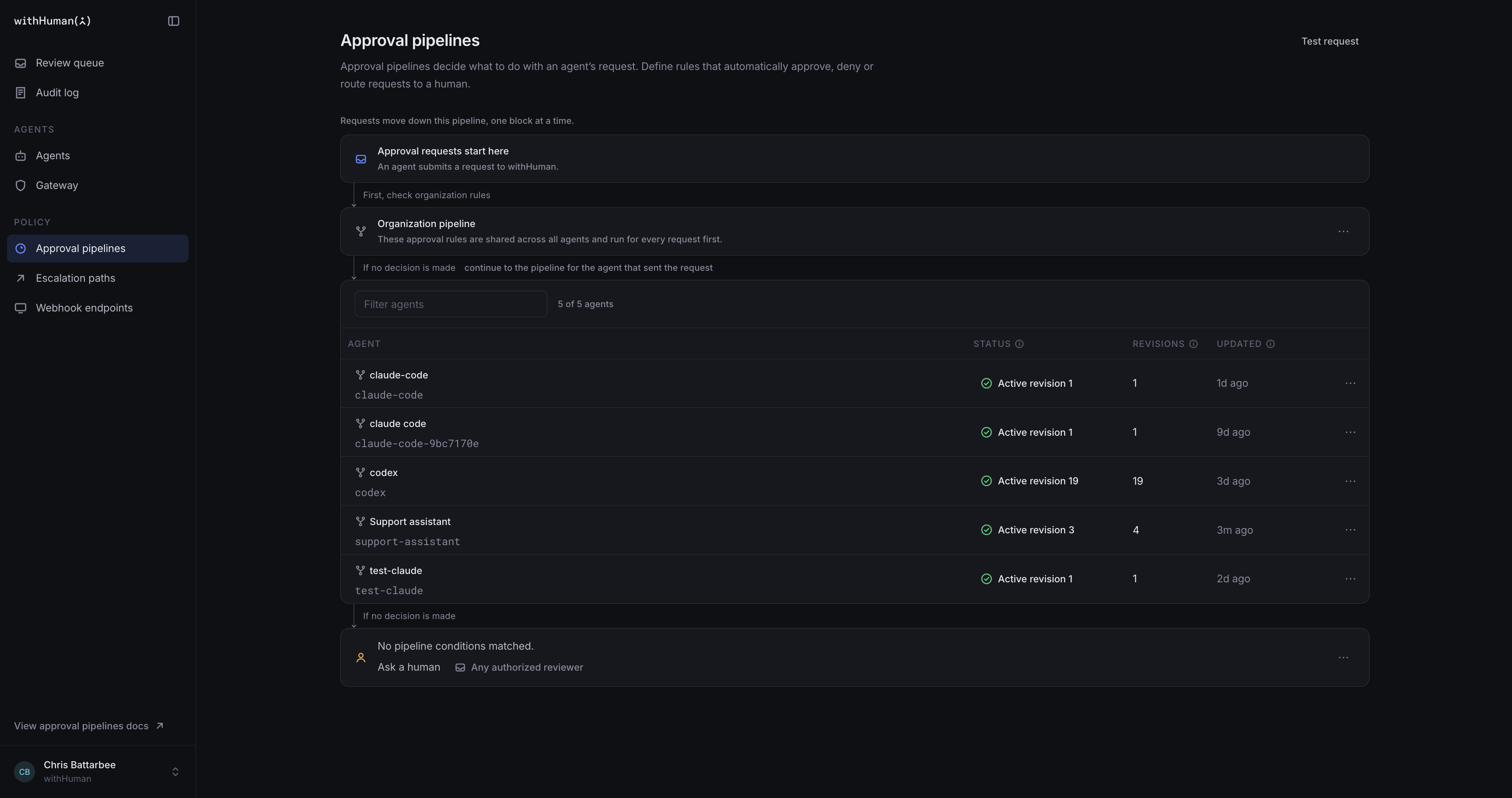 Approval pipelines inventory showing the organization pipeline and individual agent pipelines