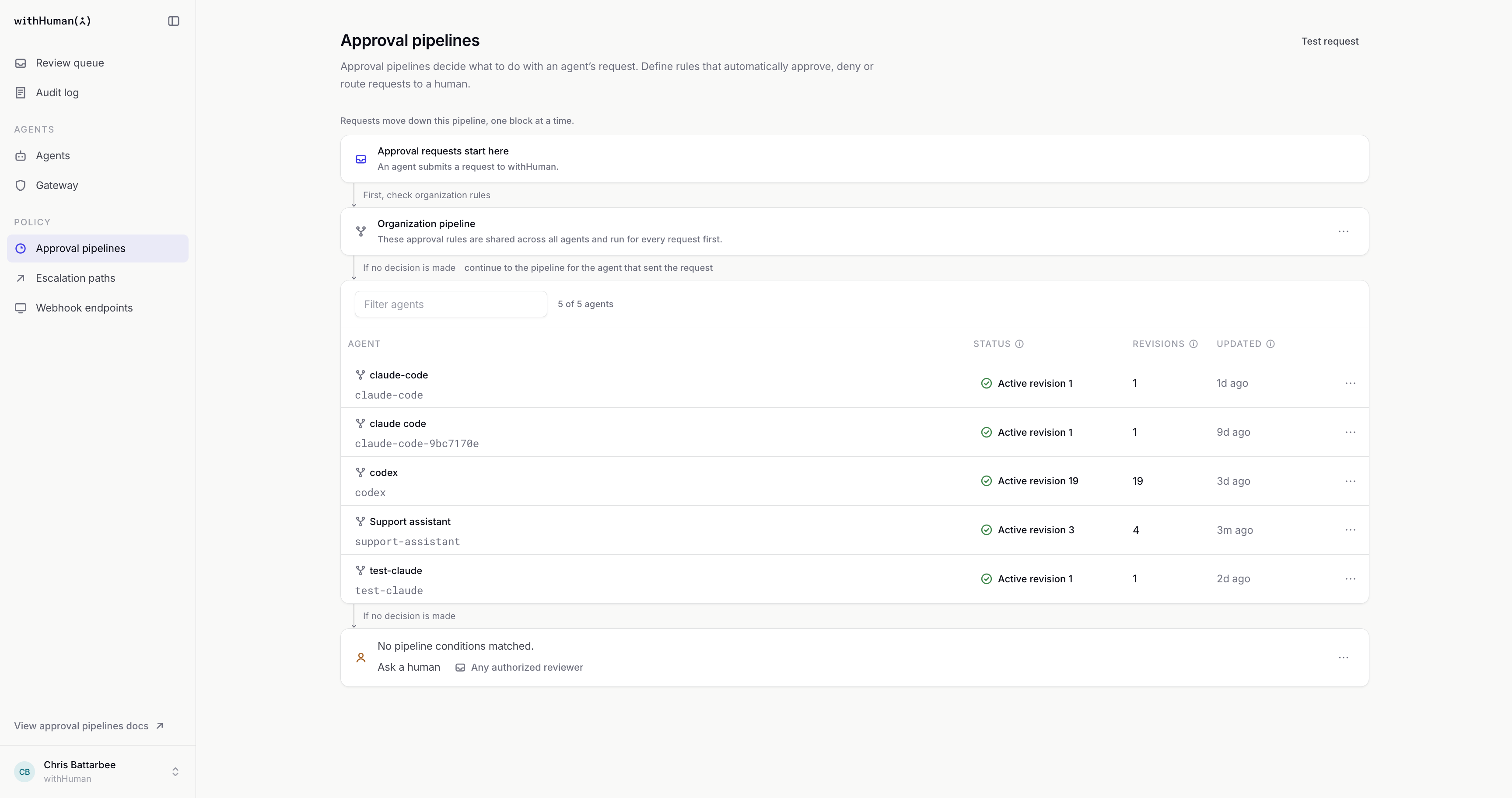 Approval pipelines inventory showing the organization pipeline and individual agent pipelines