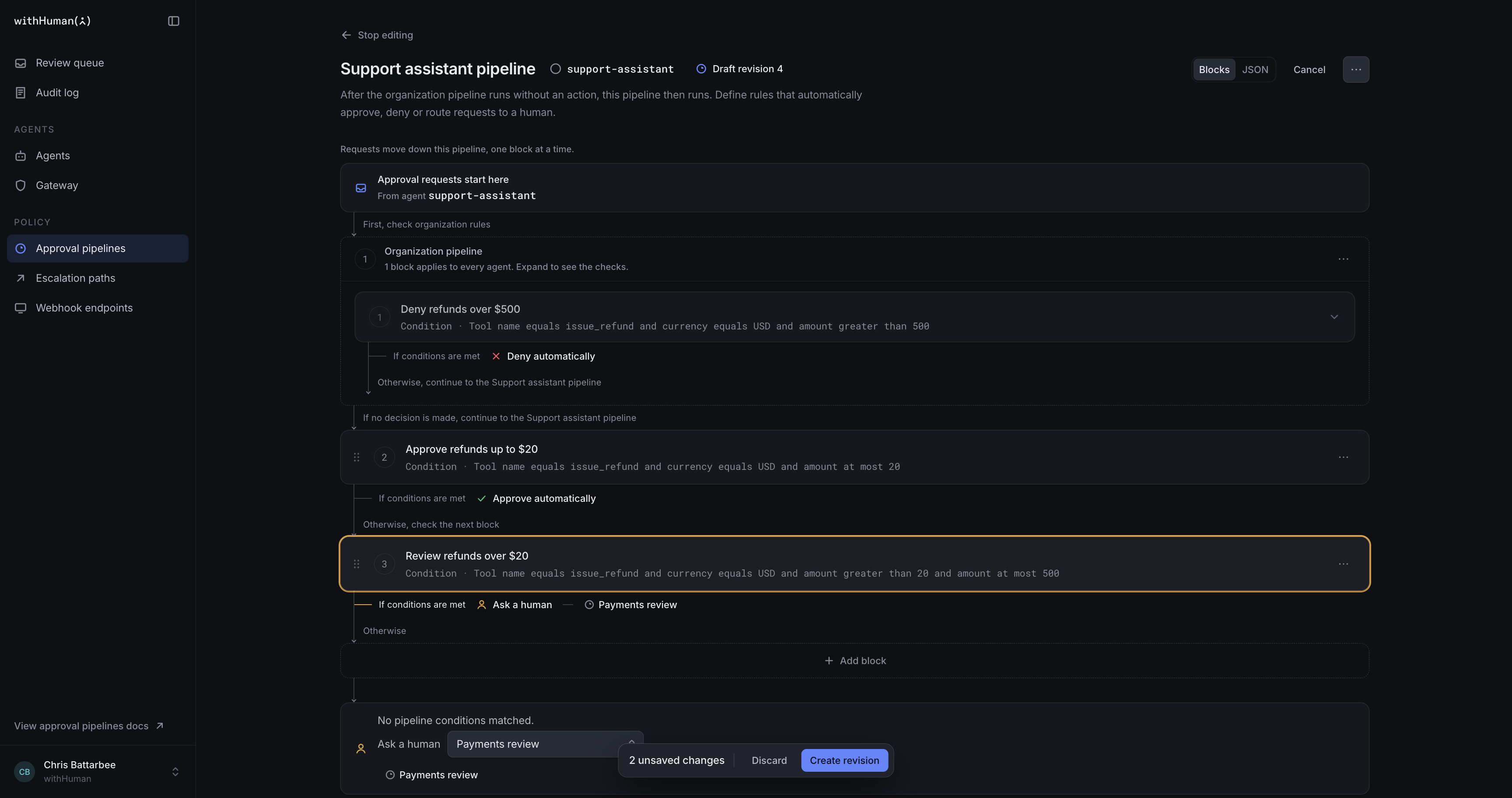 The $75 refund test passing the organization cap and small-refund rule before reaching Payments review