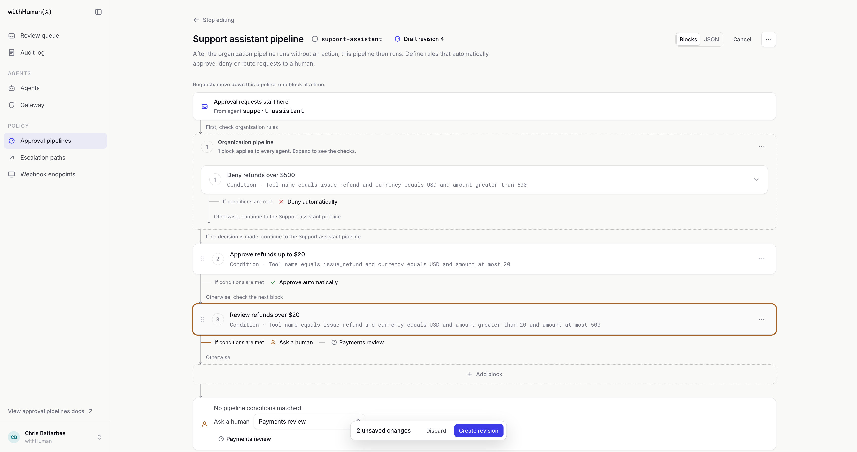 The $75 refund test passing the organization cap and small-refund rule before reaching Payments review
