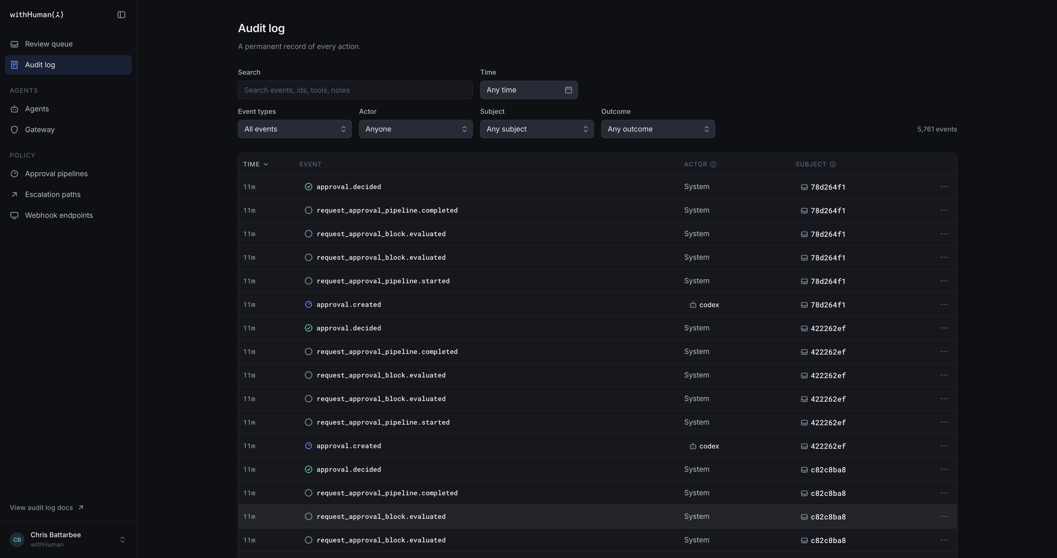 The audit log with Search, Time, Event types, Actor, Subject and Outcome filters above the event list