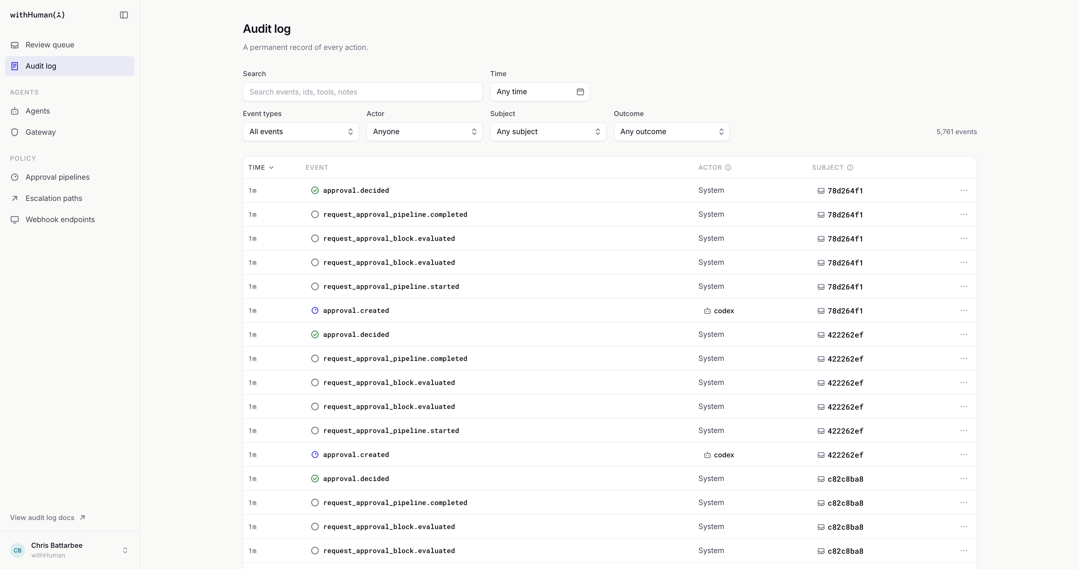 The audit log with Search, Time, Event types, Actor, Subject and Outcome filters above the event list