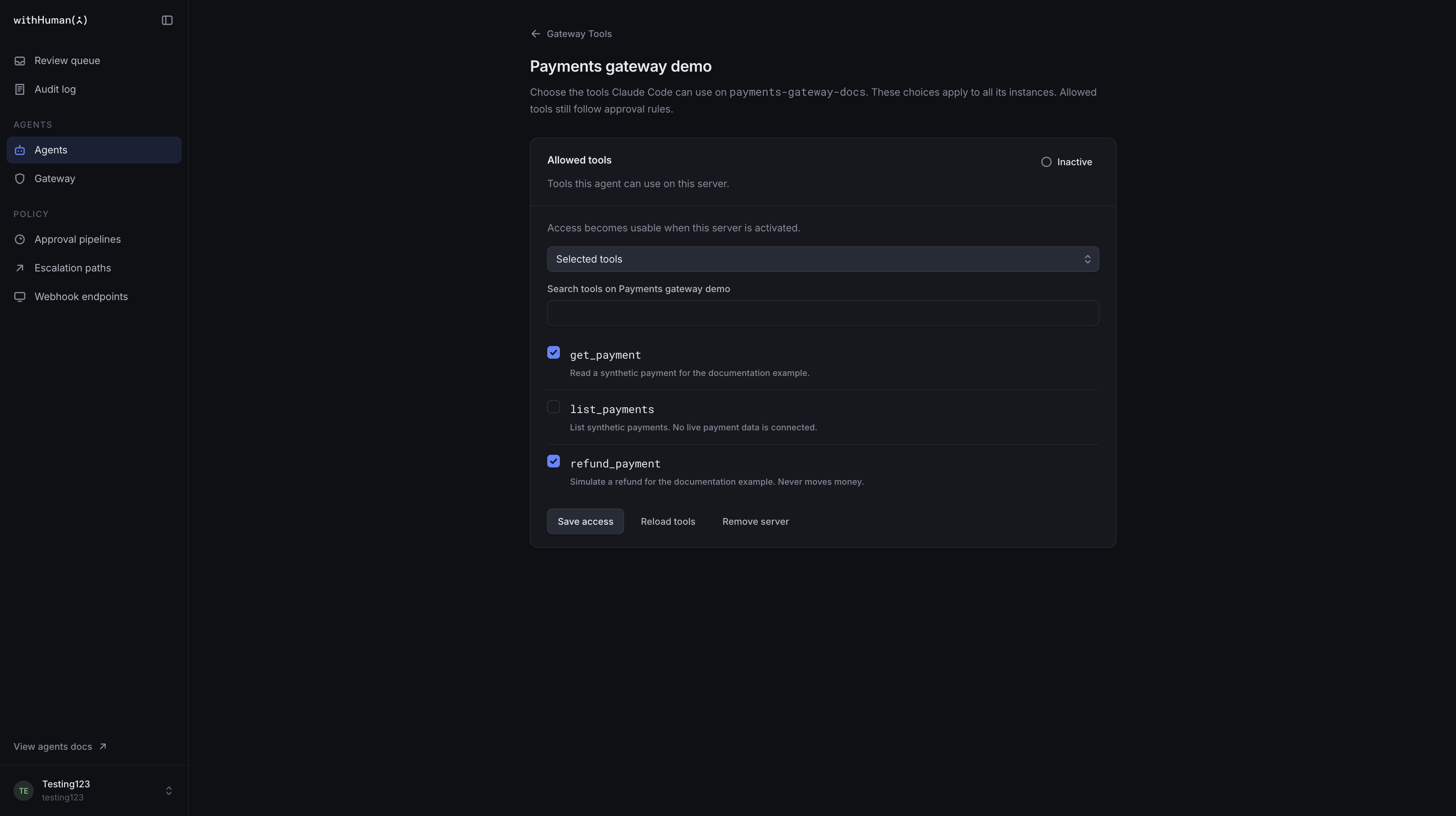 Agent tool access with get_payment and refund_payment selected, and list_payments left unselected