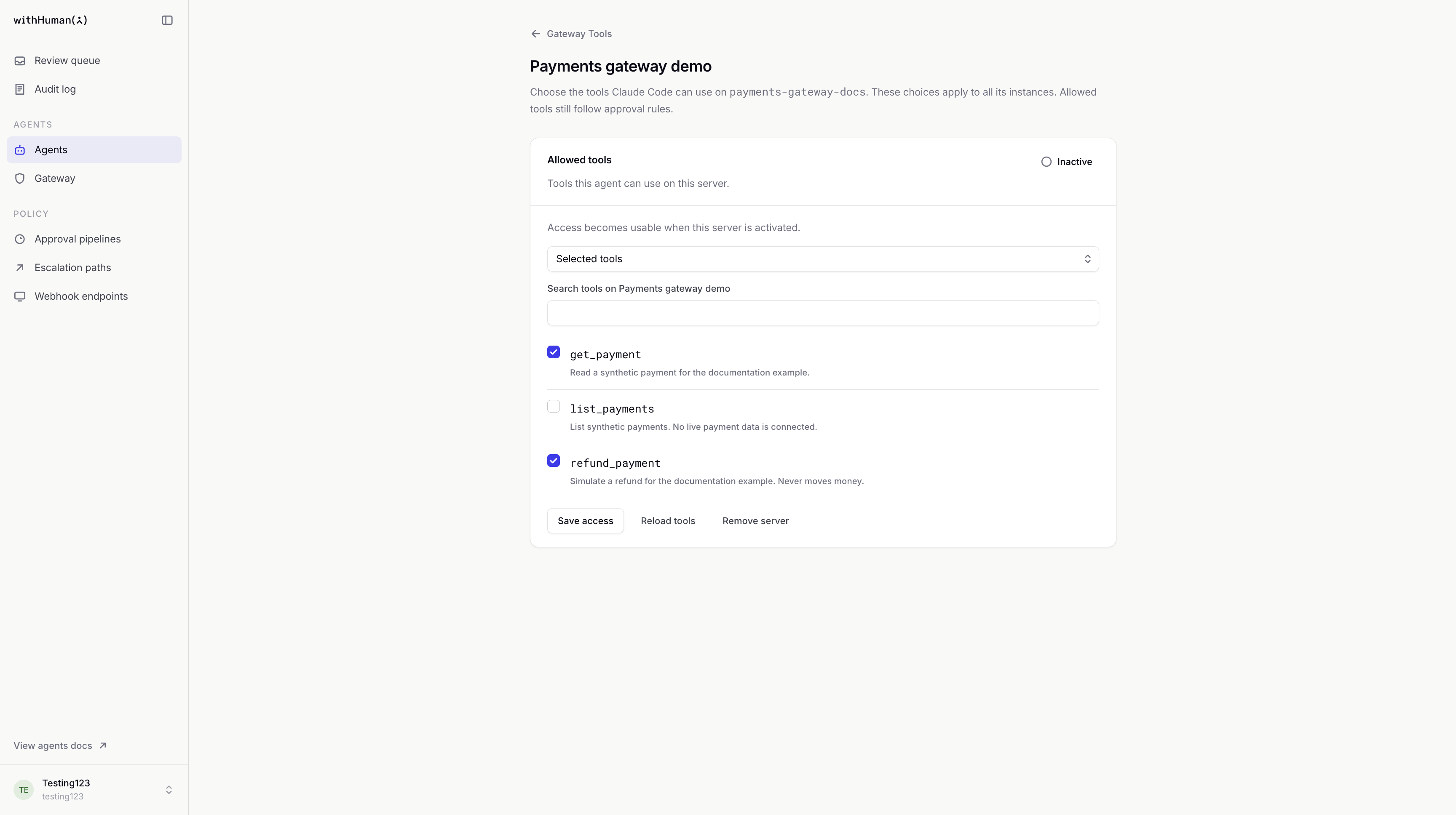 Agent tool access with get_payment and refund_payment selected, and list_payments left unselected