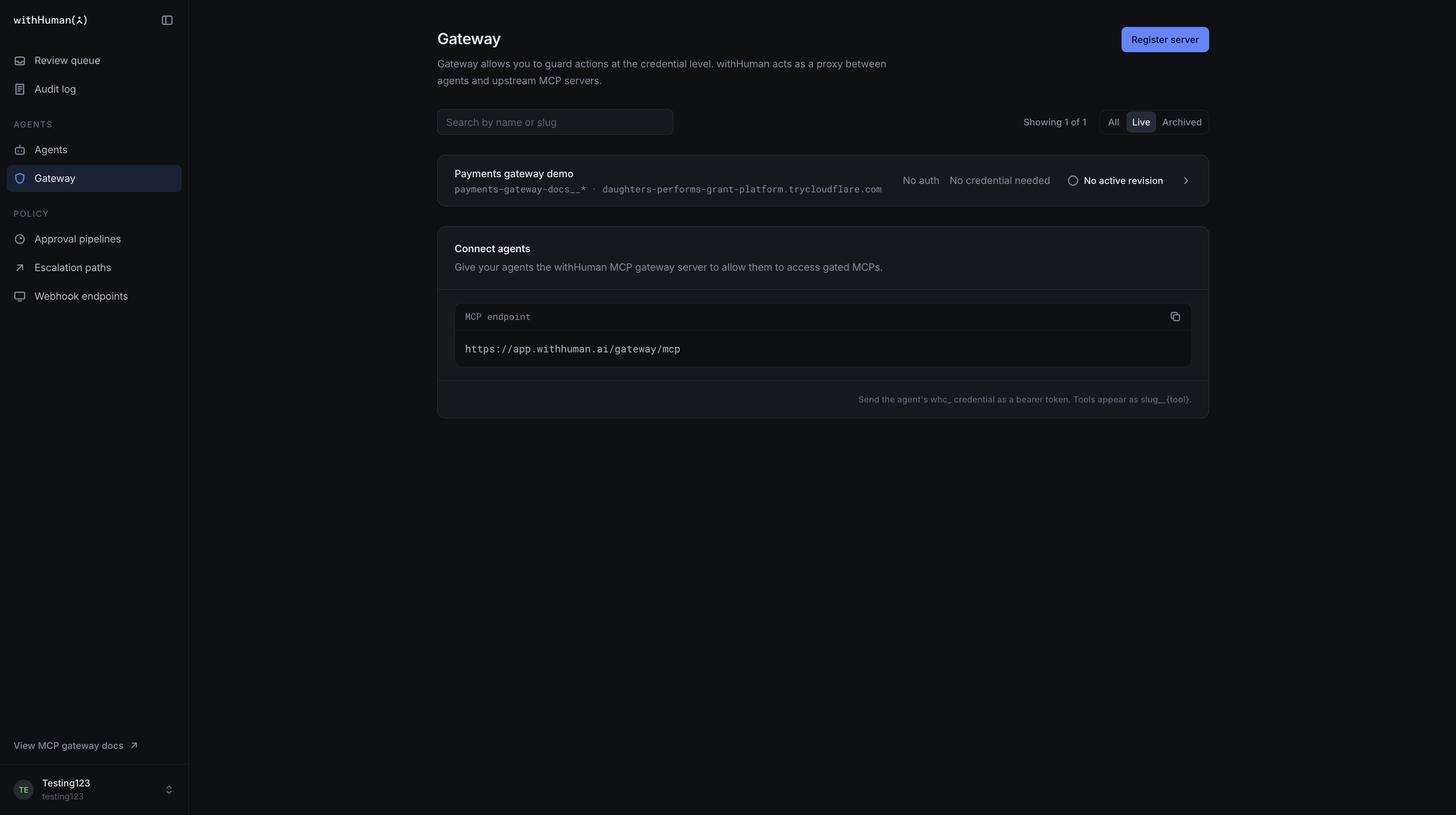 Gateway inventory showing an inactive Payments gateway demo server and the MCP endpoint for connecting agents