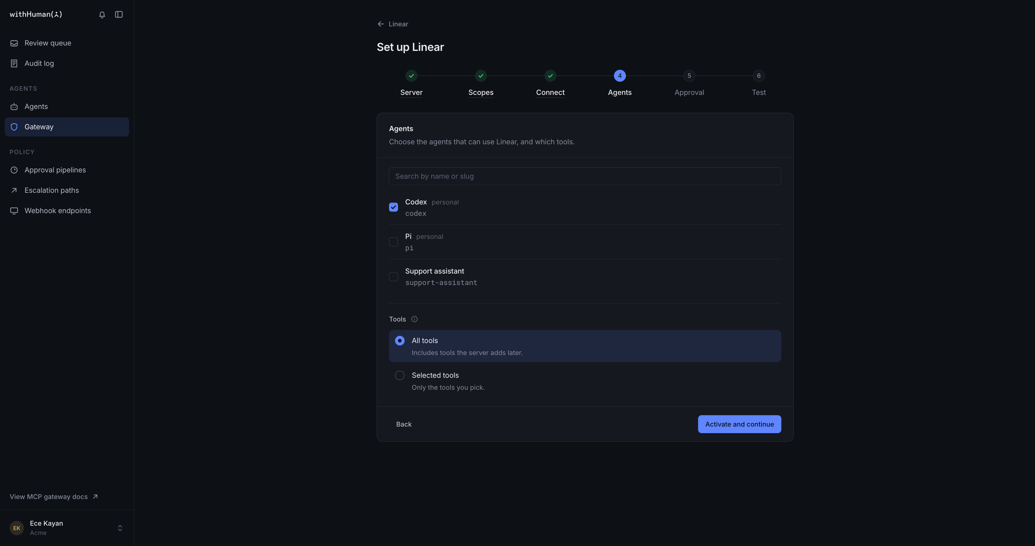 Agents step with Codex ticked, Pi and Support assistant left unticked, and All tools selected