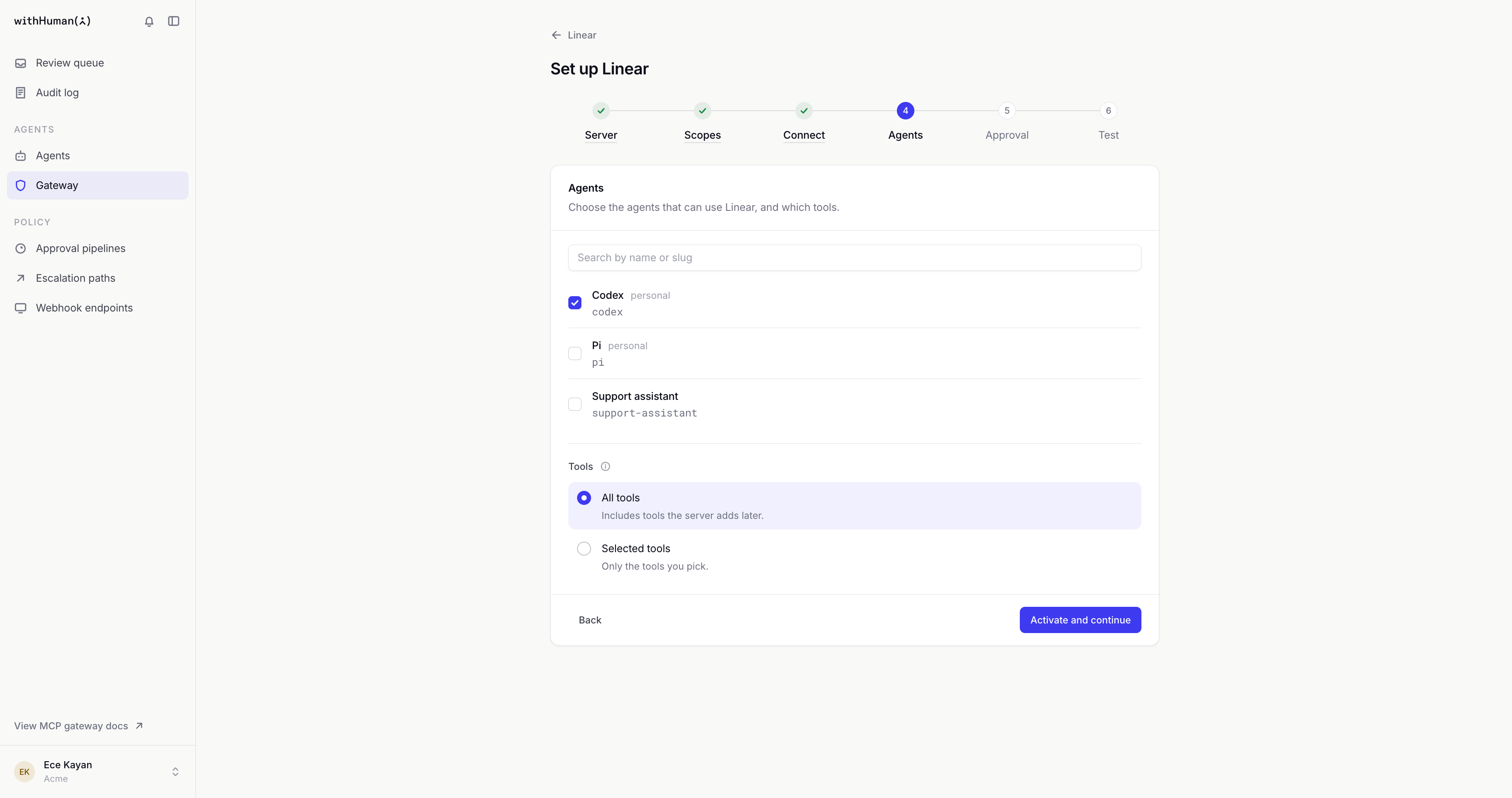 Agents step with Codex ticked, Pi and Support assistant left unticked, and All tools selected