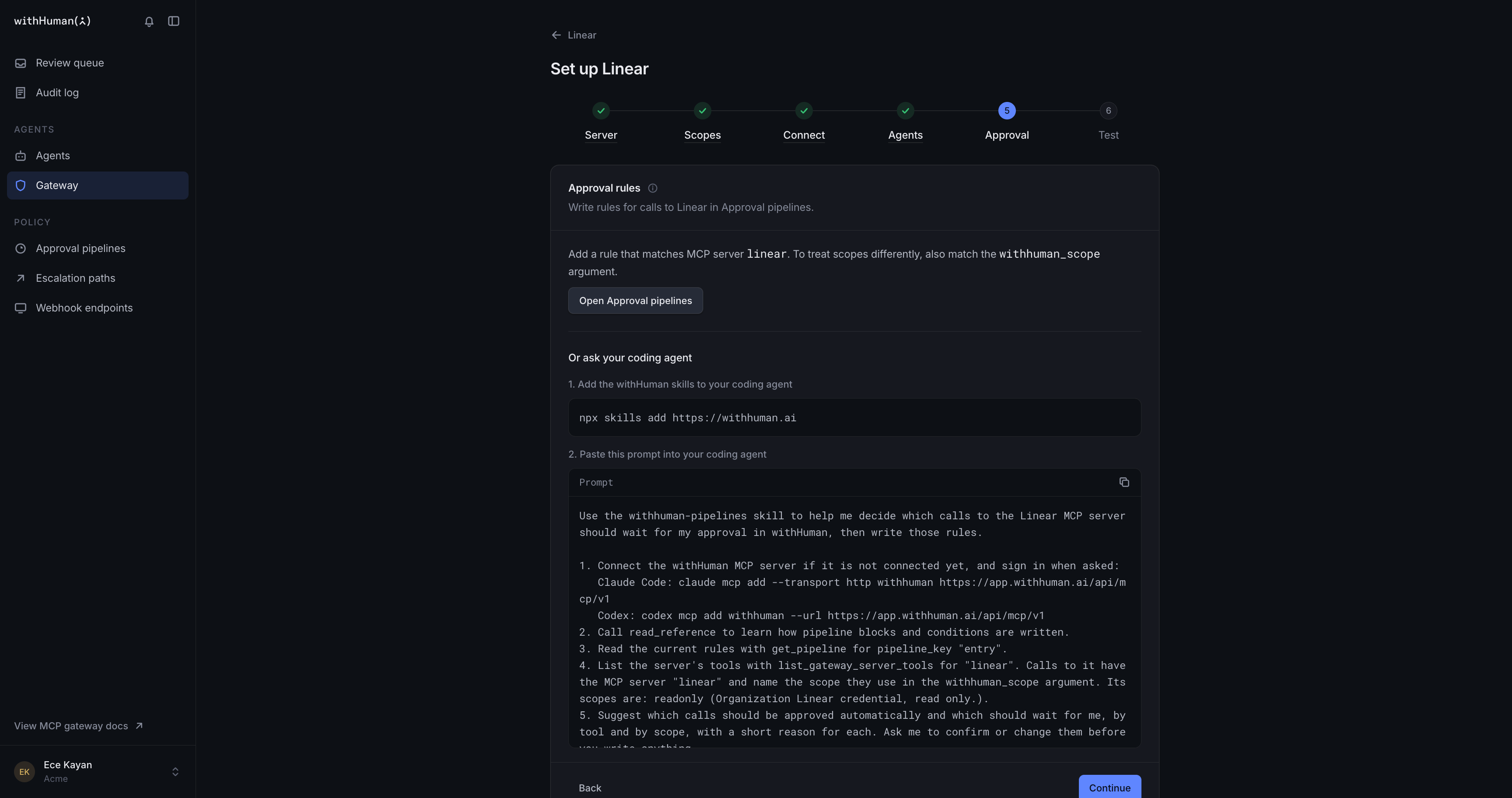 Approval step with the Open Approval pipelines button and a prompt to paste into a coding agent