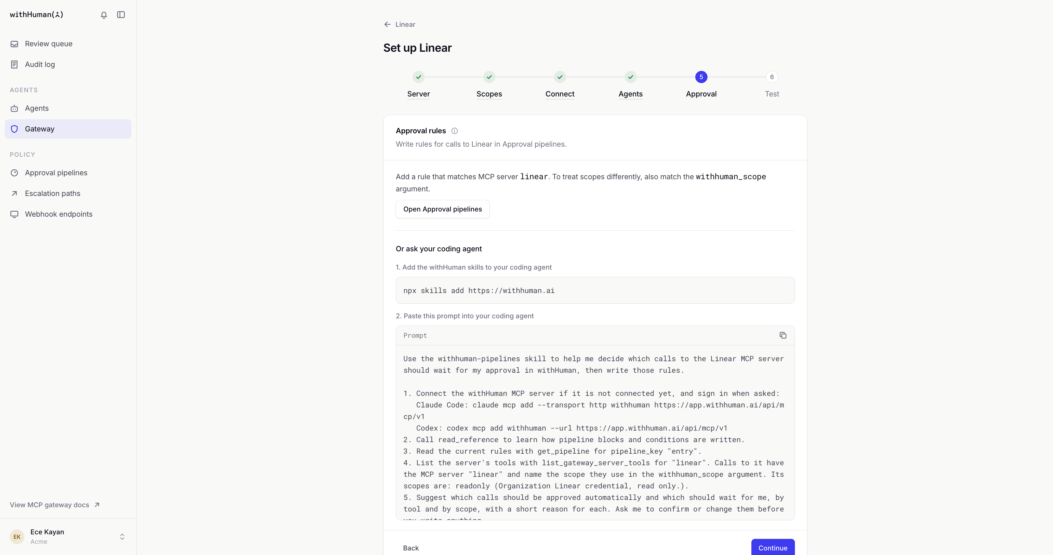 Approval step with the Open Approval pipelines button and a prompt to paste into a coding agent