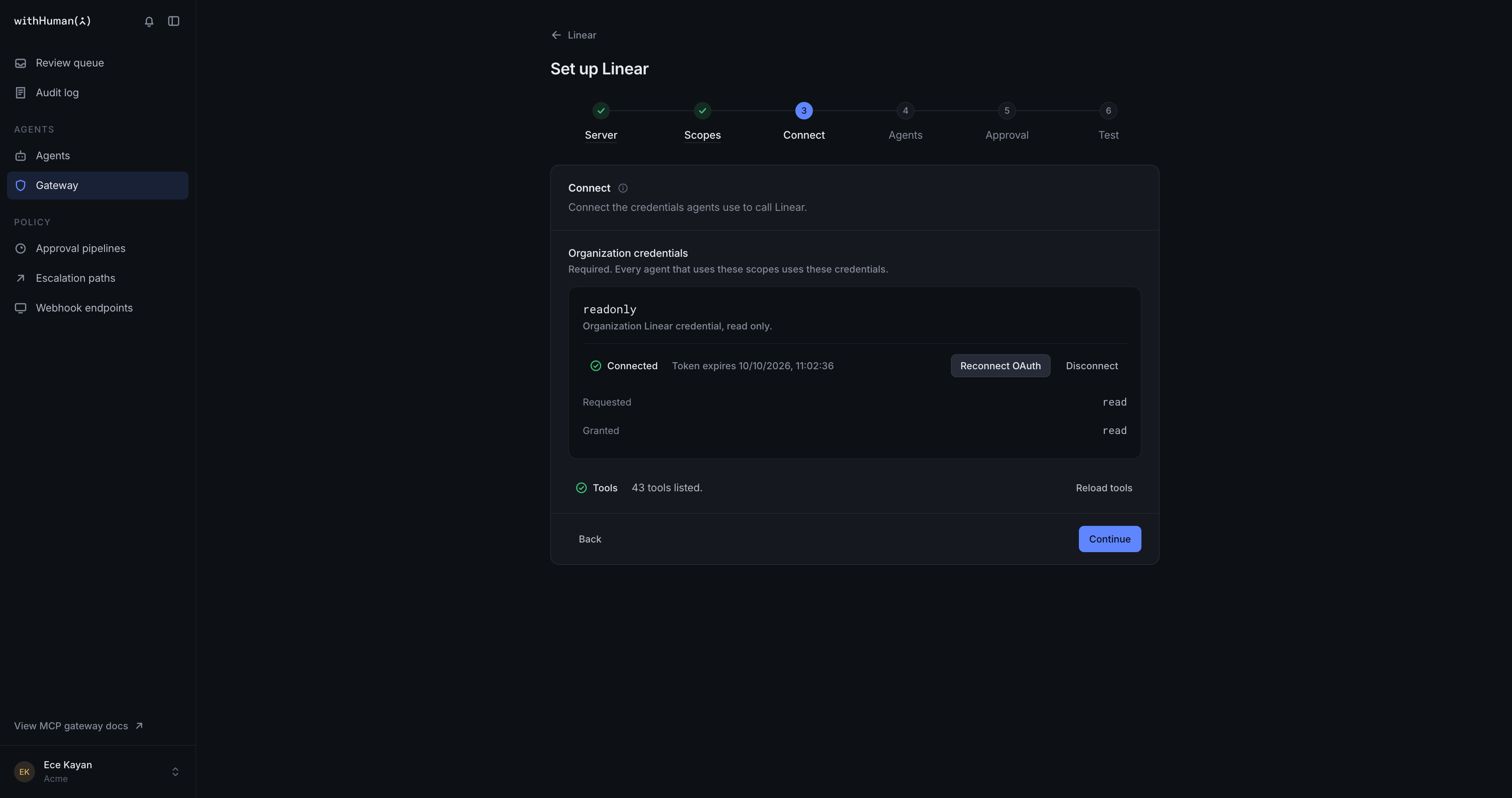 Connect step with the readonly scope connected, read requested and granted, and 43 tools listed