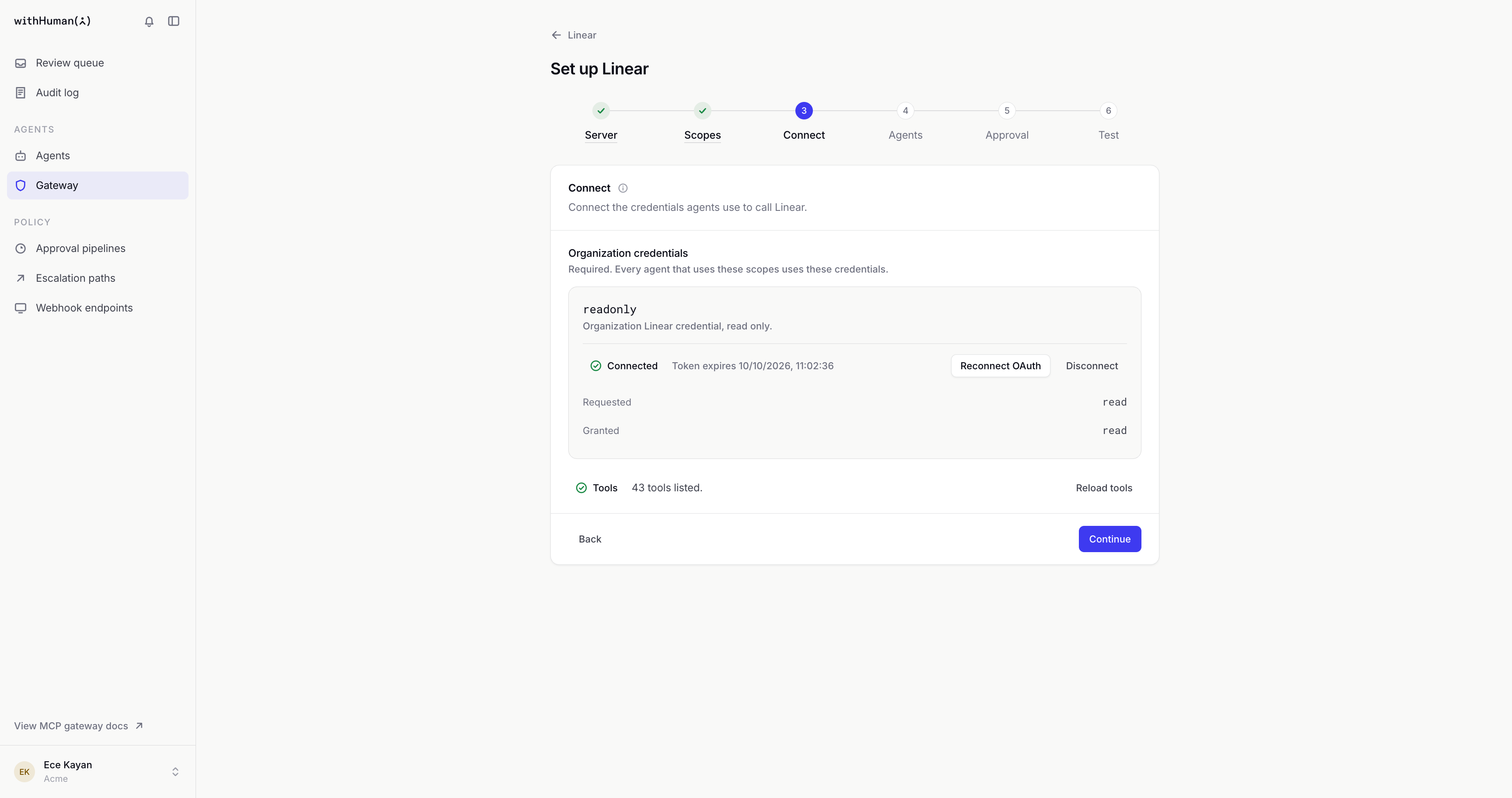 Connect step with the readonly scope connected, read requested and granted, and 43 tools listed