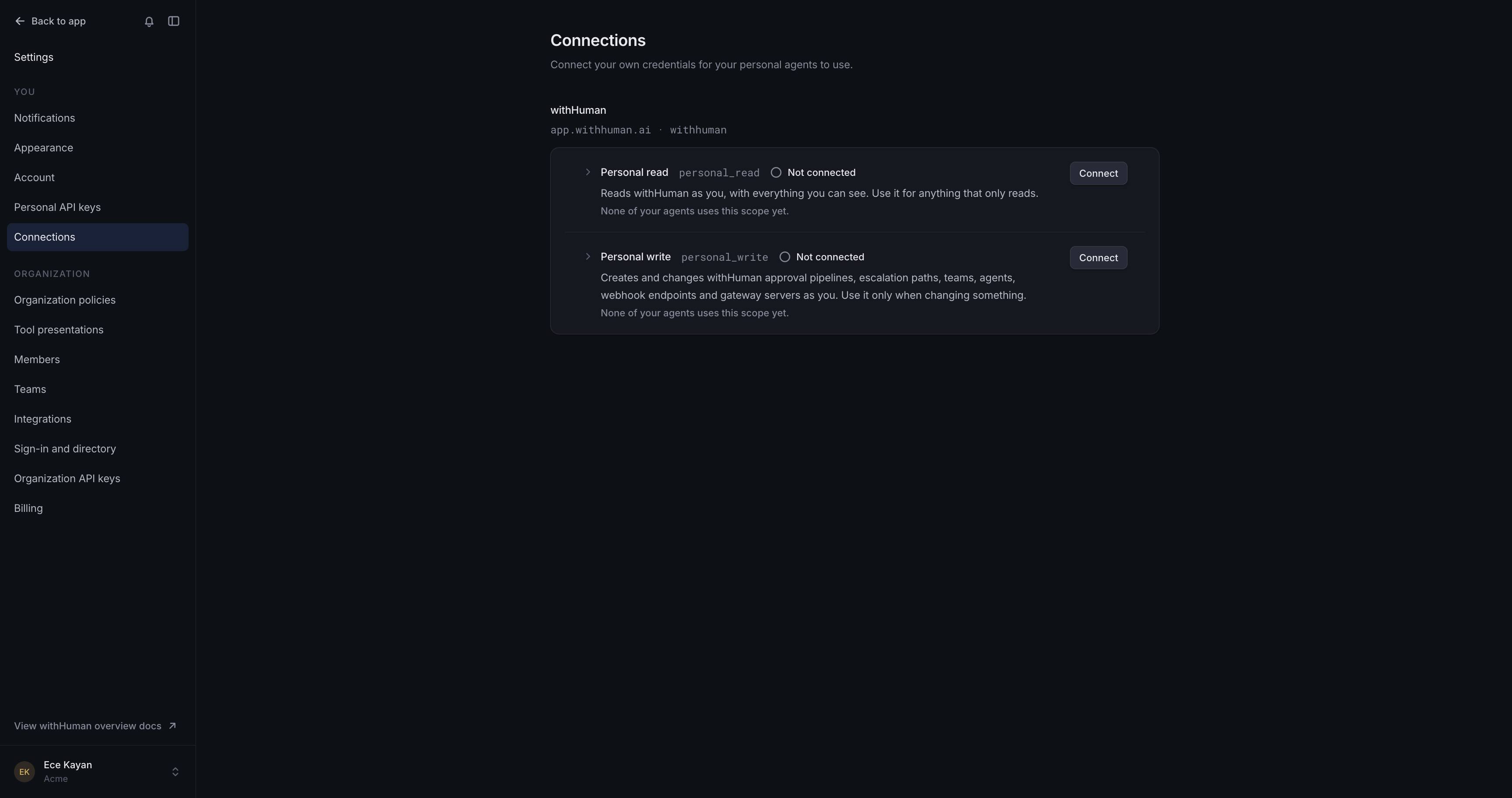 Connections settings listing the withHuman server's personal_read and personal_write scopes, both not connected