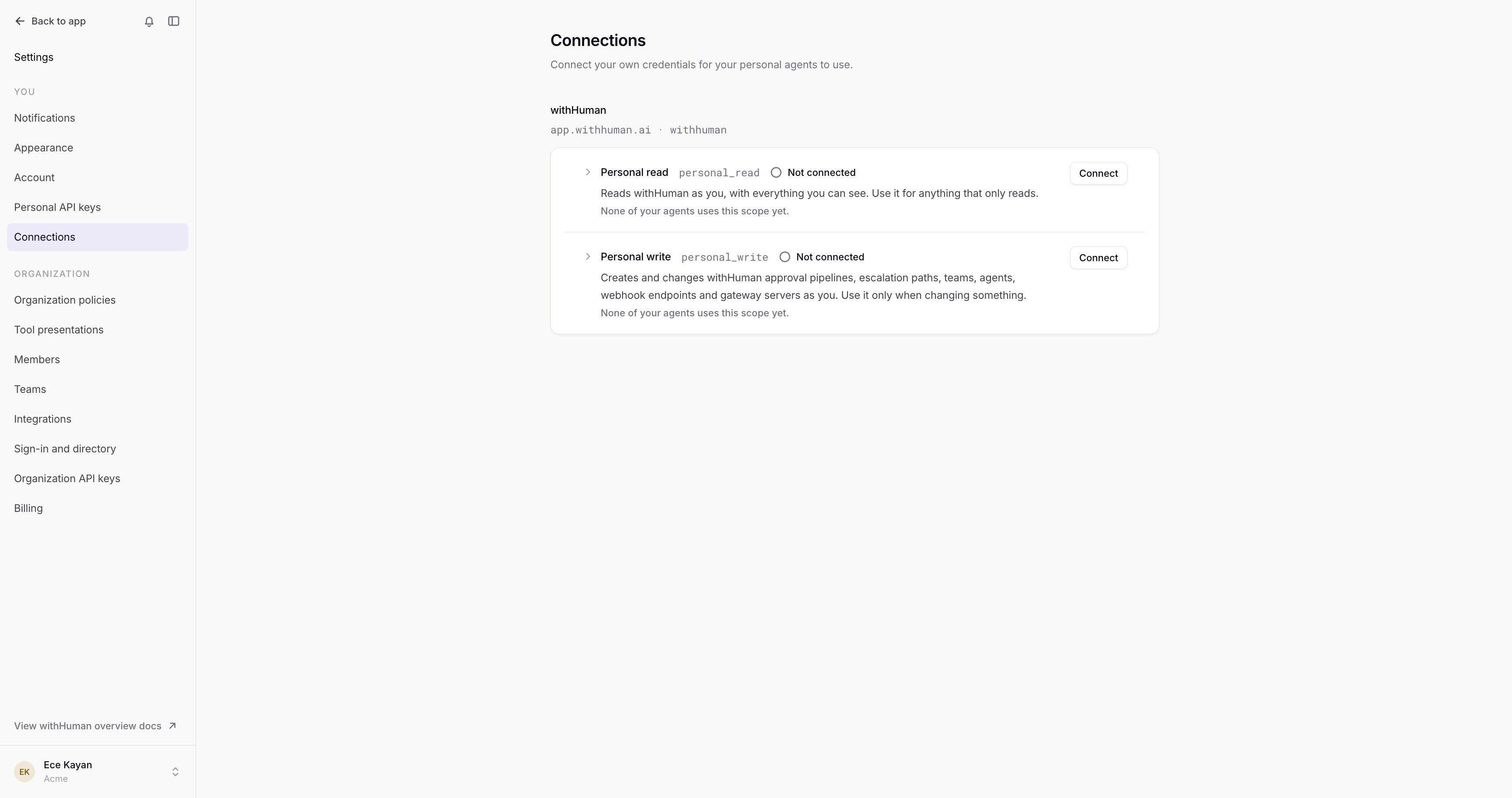 Connections settings listing the withHuman server's personal_read and personal_write scopes, both not connected