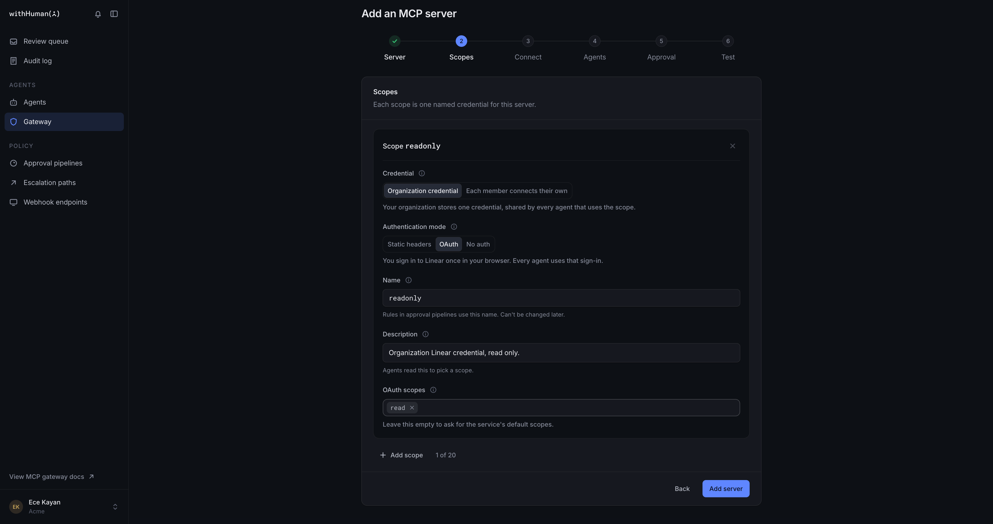 Scopes step with one scope named readonly, using an organization credential, OAuth, the description Organization Linear credential, read only. and the OAuth scope read