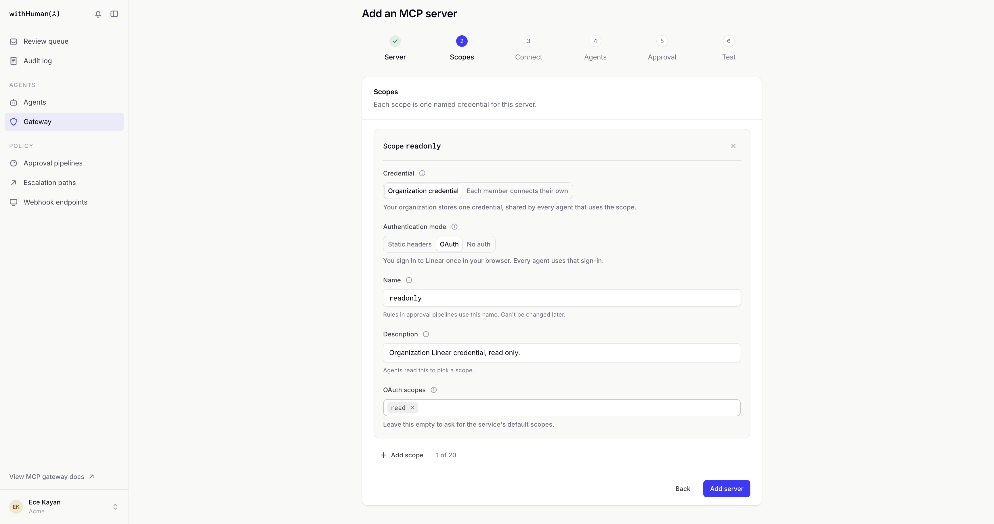 Scopes step with one scope named readonly, using an organization credential, OAuth, the description Organization Linear credential, read only. and the OAuth scope read