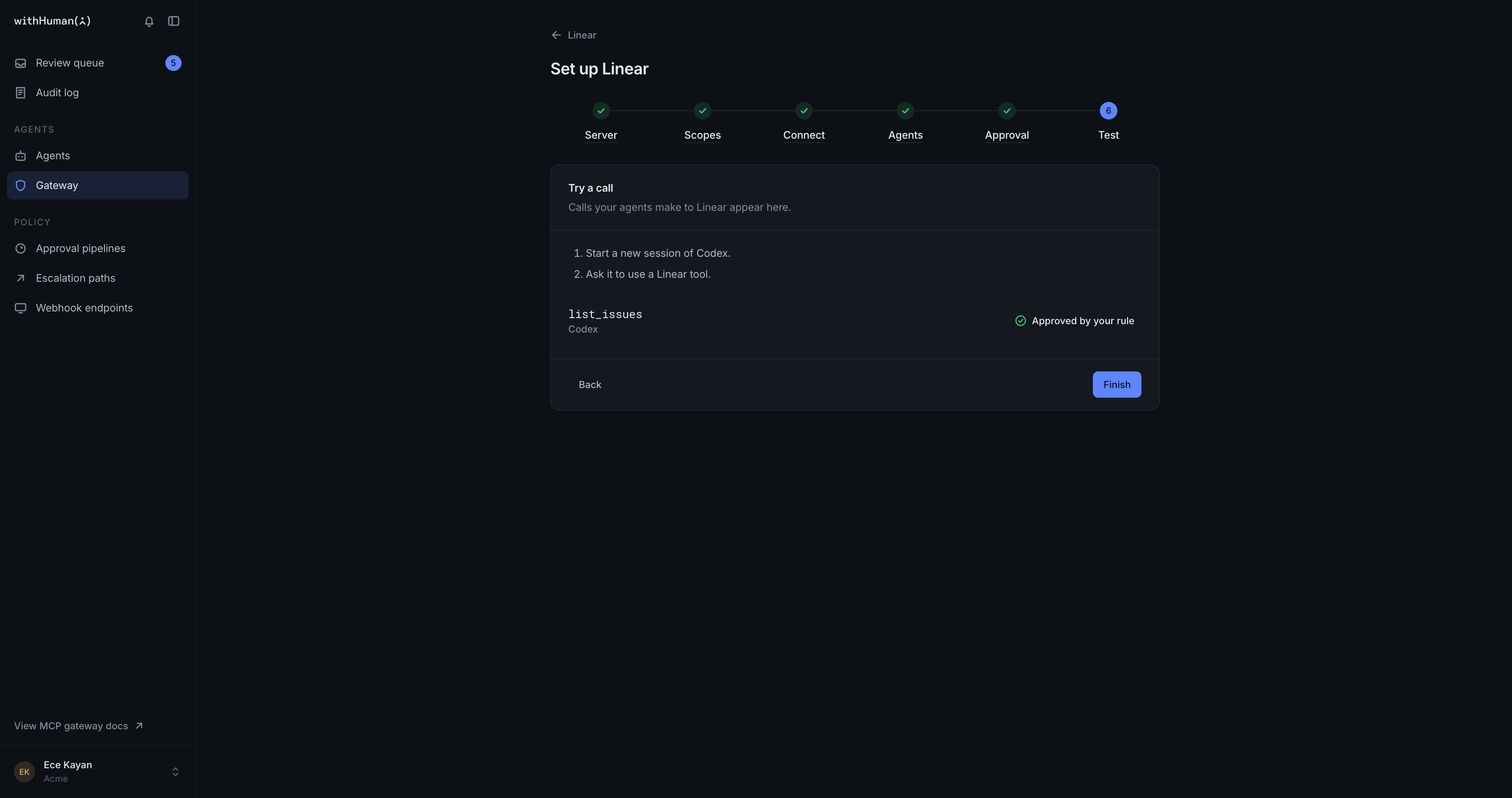Test step showing a list_issues call from Codex, approved automatically