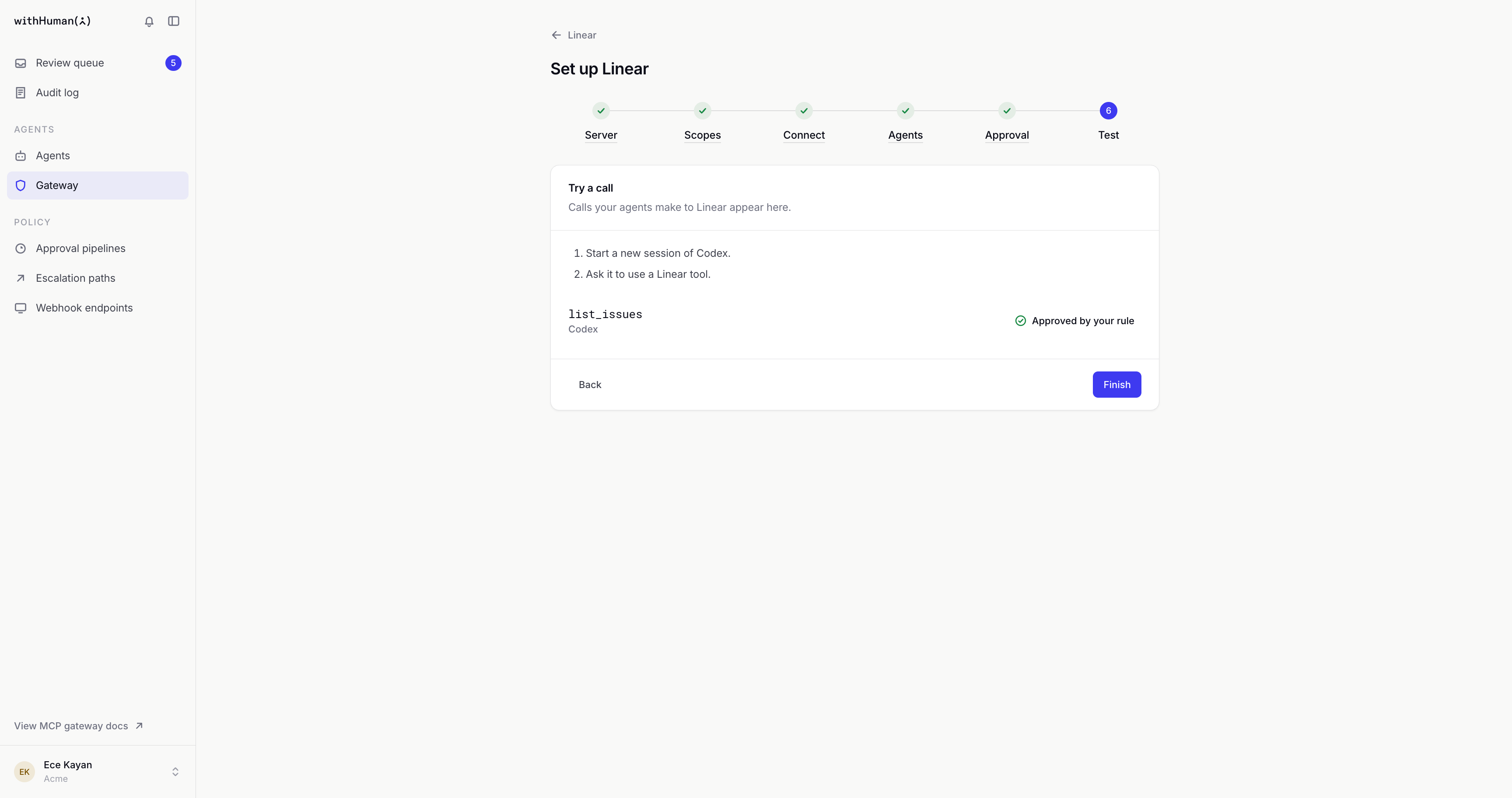 Test step showing a list_issues call from Codex, approved automatically
