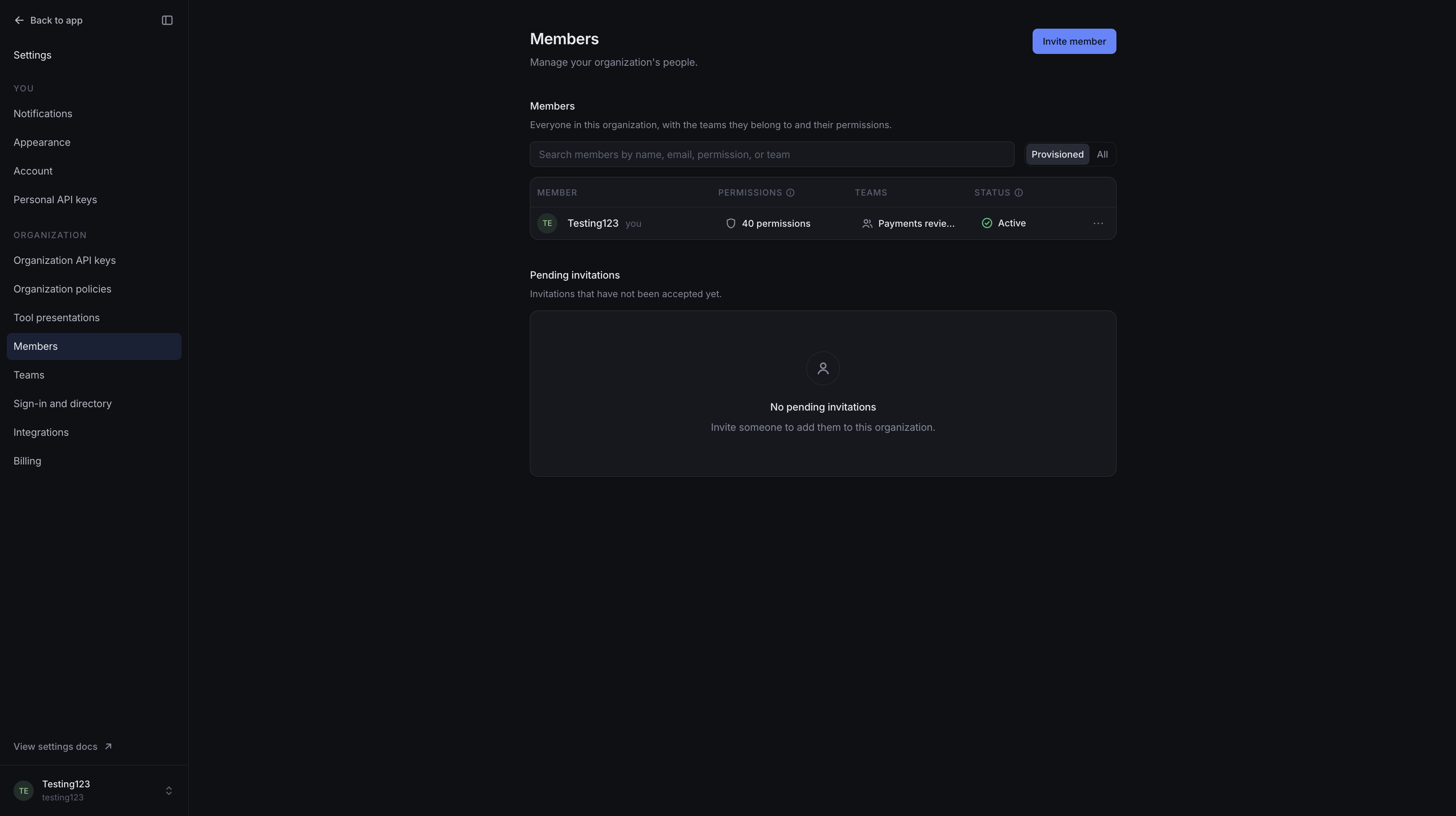 Members page showing a member's permissions, team and Active status, with separate pending invitations