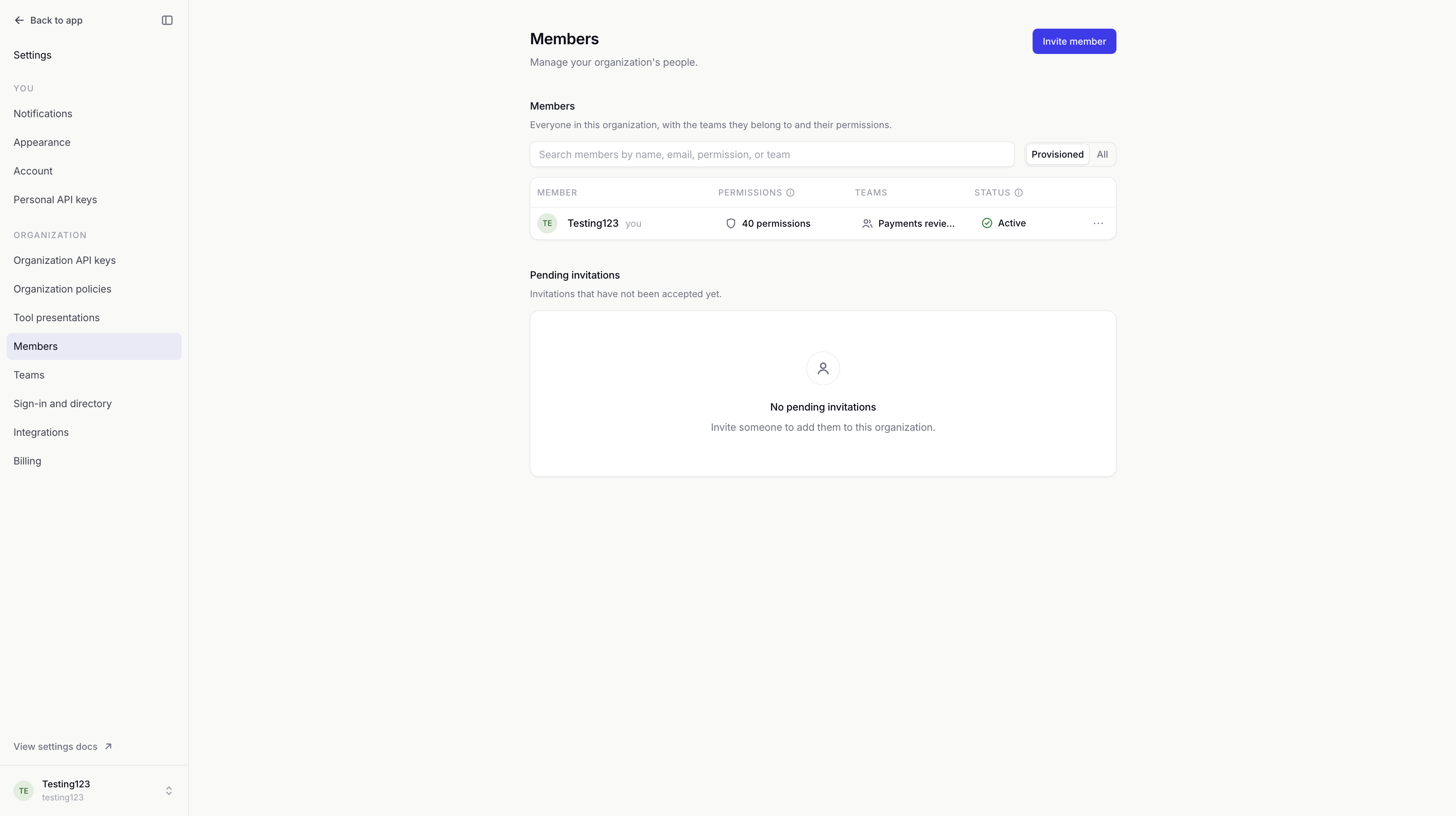 Members page showing a member's permissions, team and Active status, with separate pending invitations