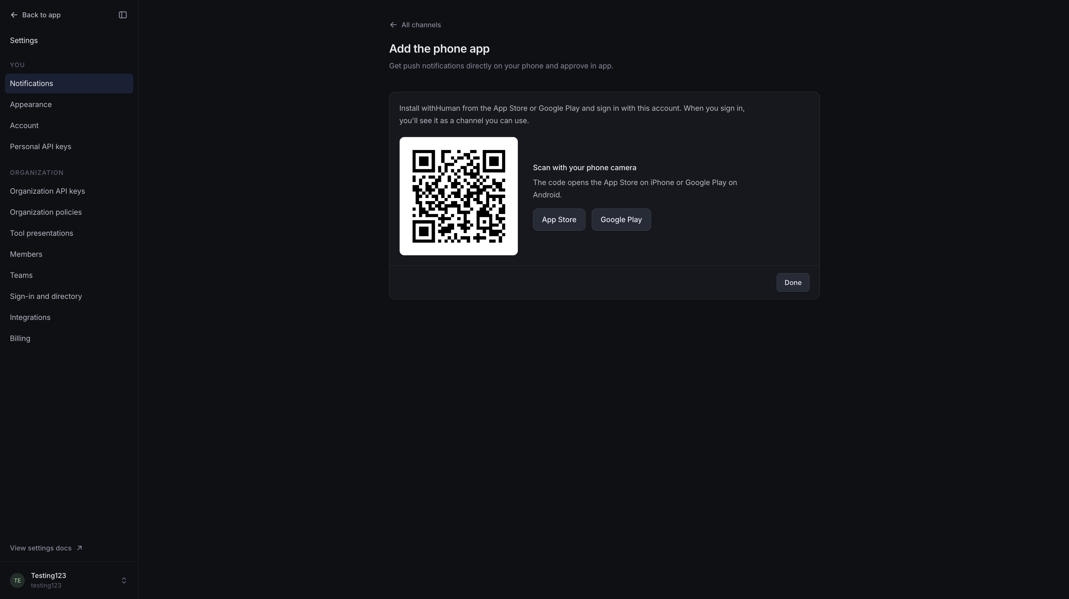 Add the phone app panel with a download QR code and App Store and Google Play links