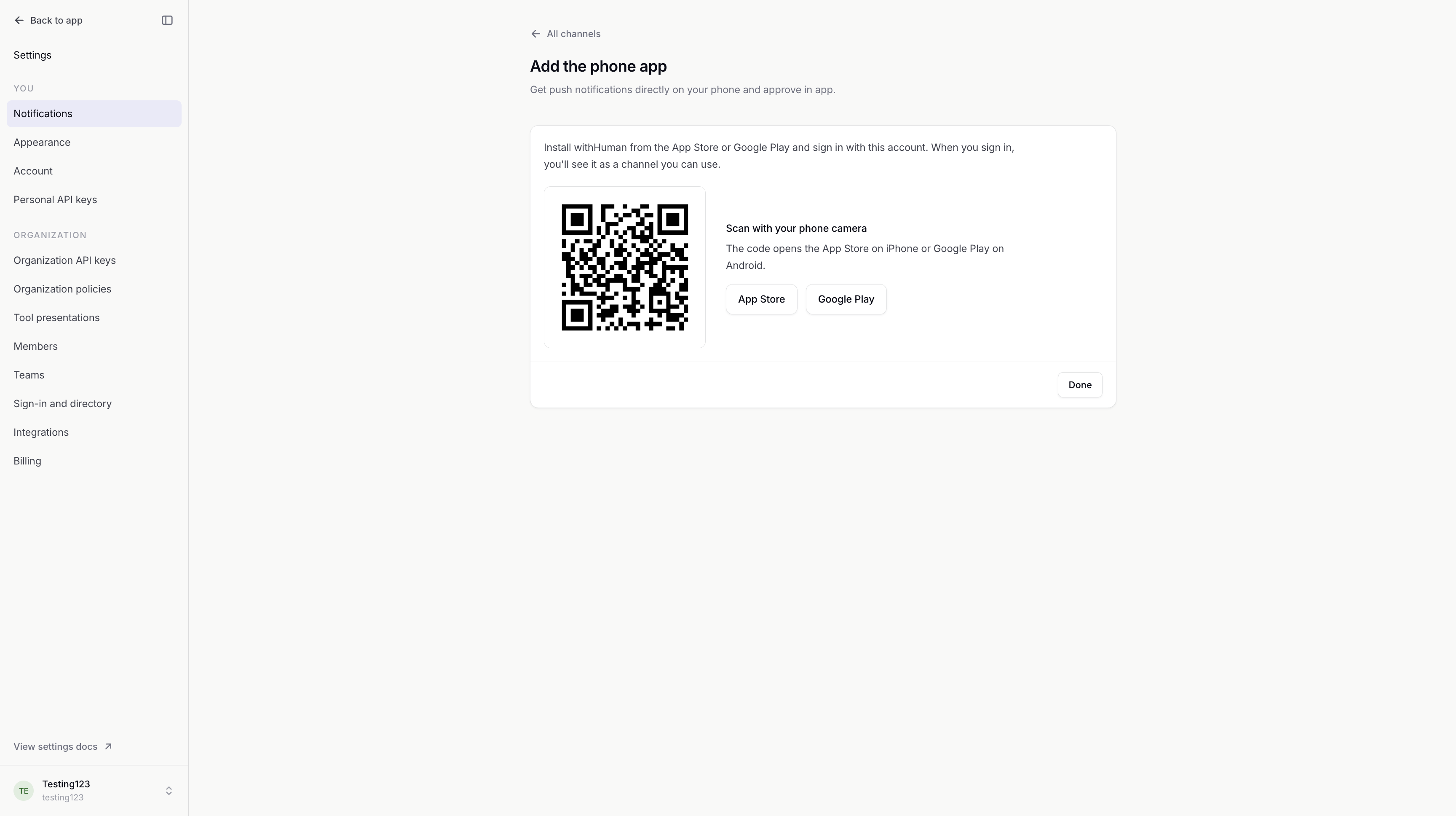 Add the phone app panel with a download QR code and App Store and Google Play links