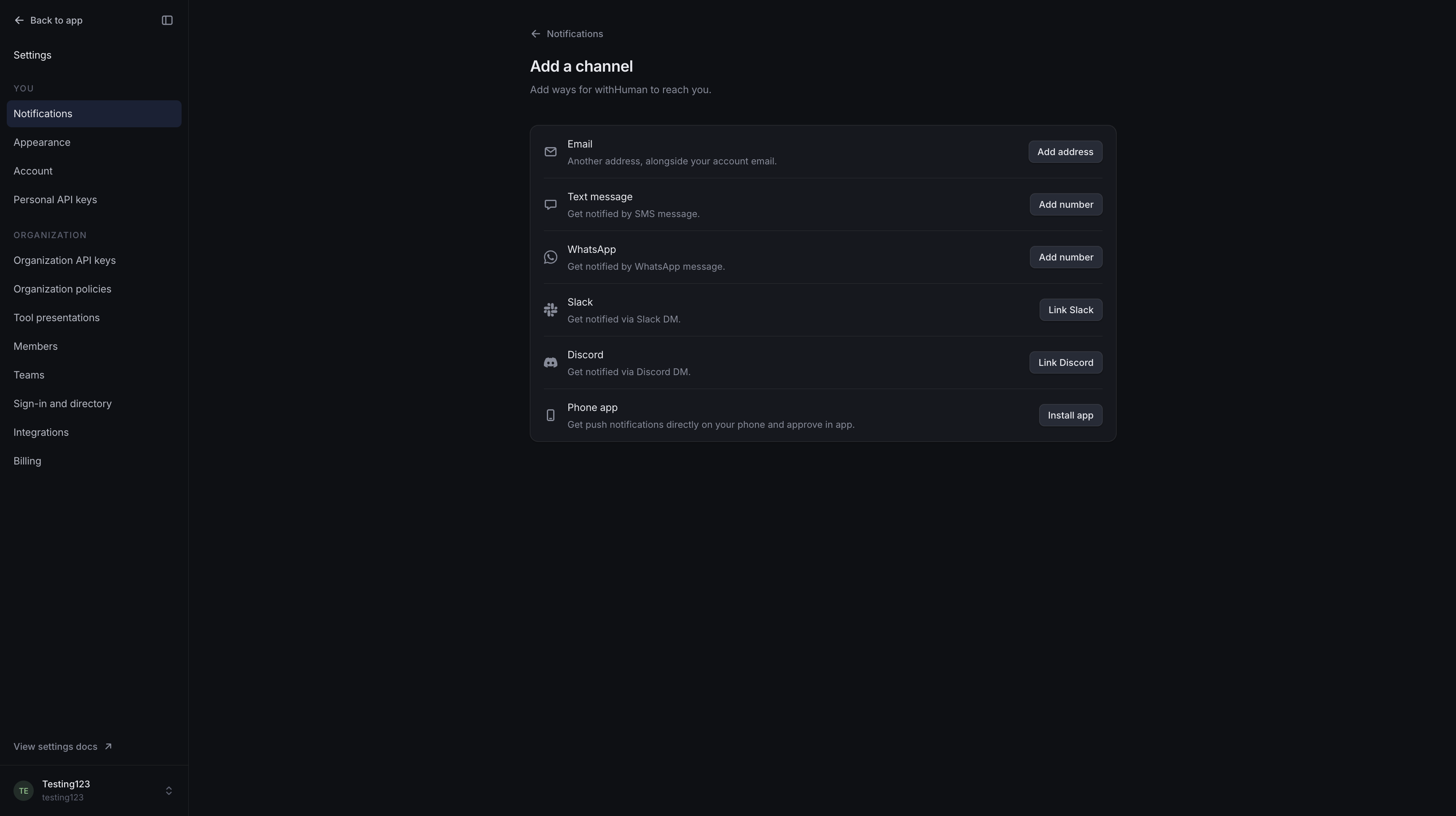 Add a channel page offering Email, Text message, WhatsApp, Slack, Discord and Phone app