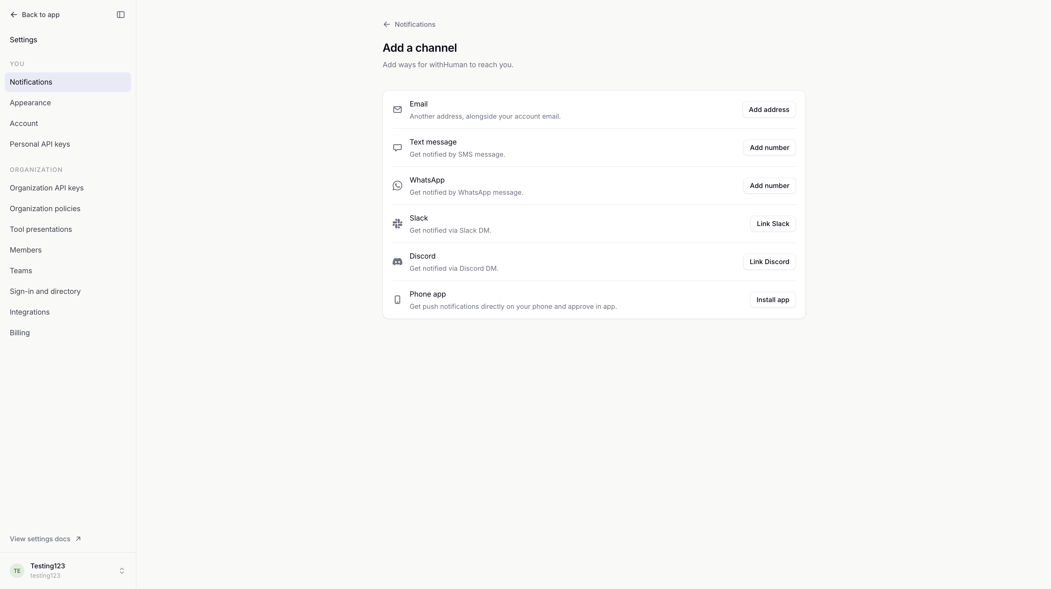 Add a channel page offering Email, Text message, WhatsApp, Slack, Discord and Phone app