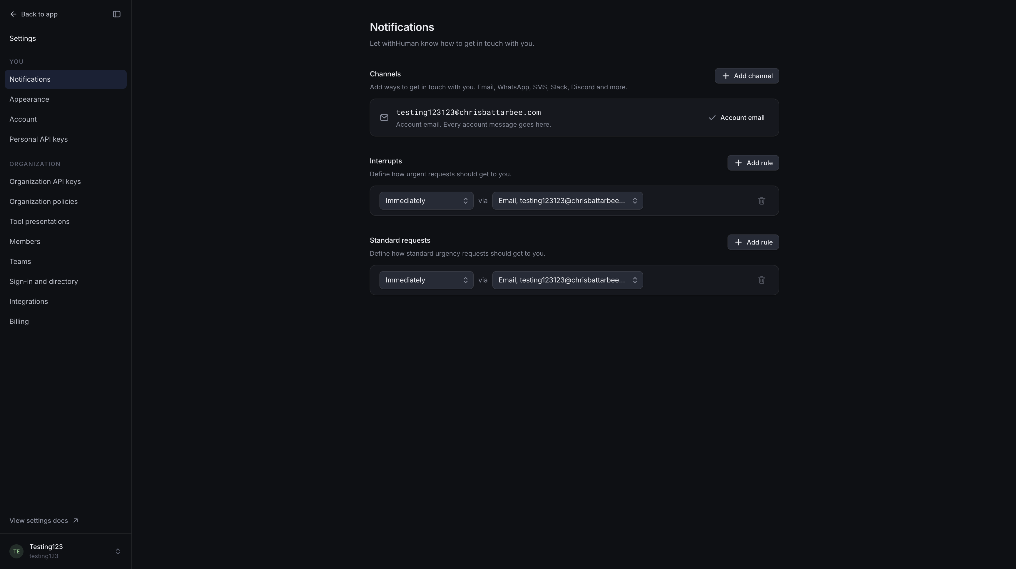Notification settings showing the account email and separate Interrupts and Standard requests rules, both set to notify immediately