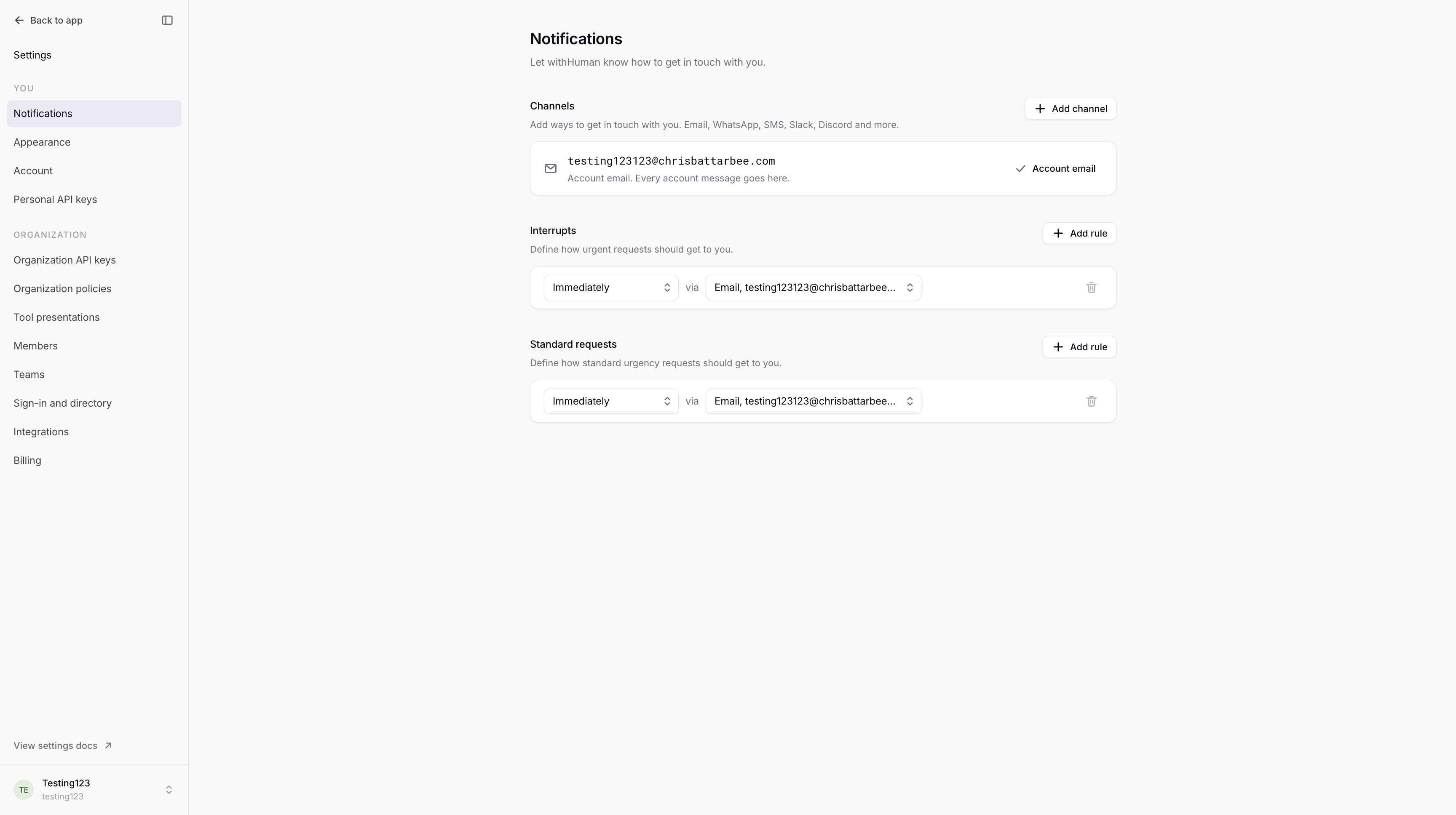 Notification settings showing the account email and separate Interrupts and Standard requests rules, both set to notify immediately