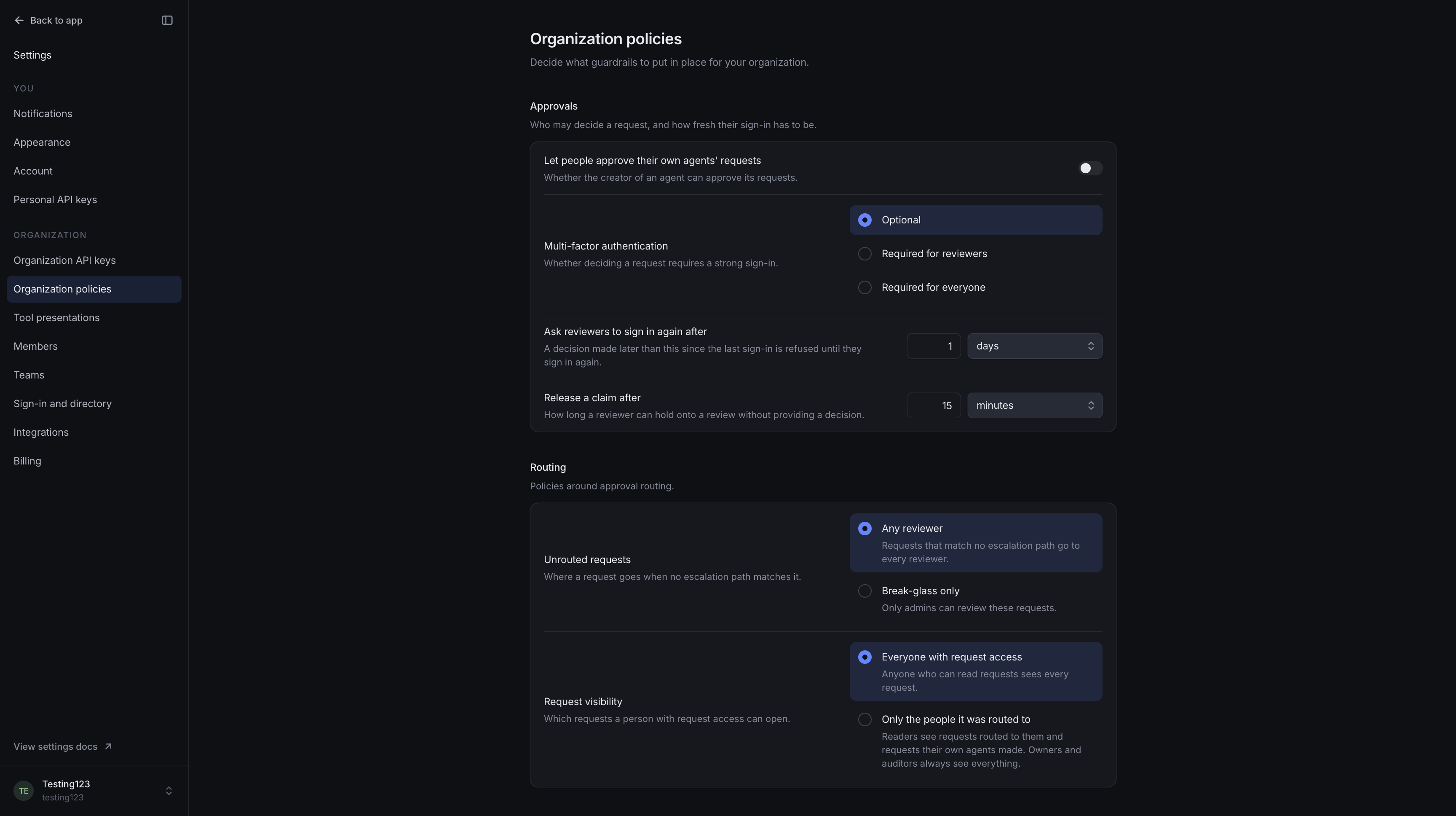 Organization policies showing self-approval, MFA choices, a one-day sign-in window and a fifteen-minute claim duration