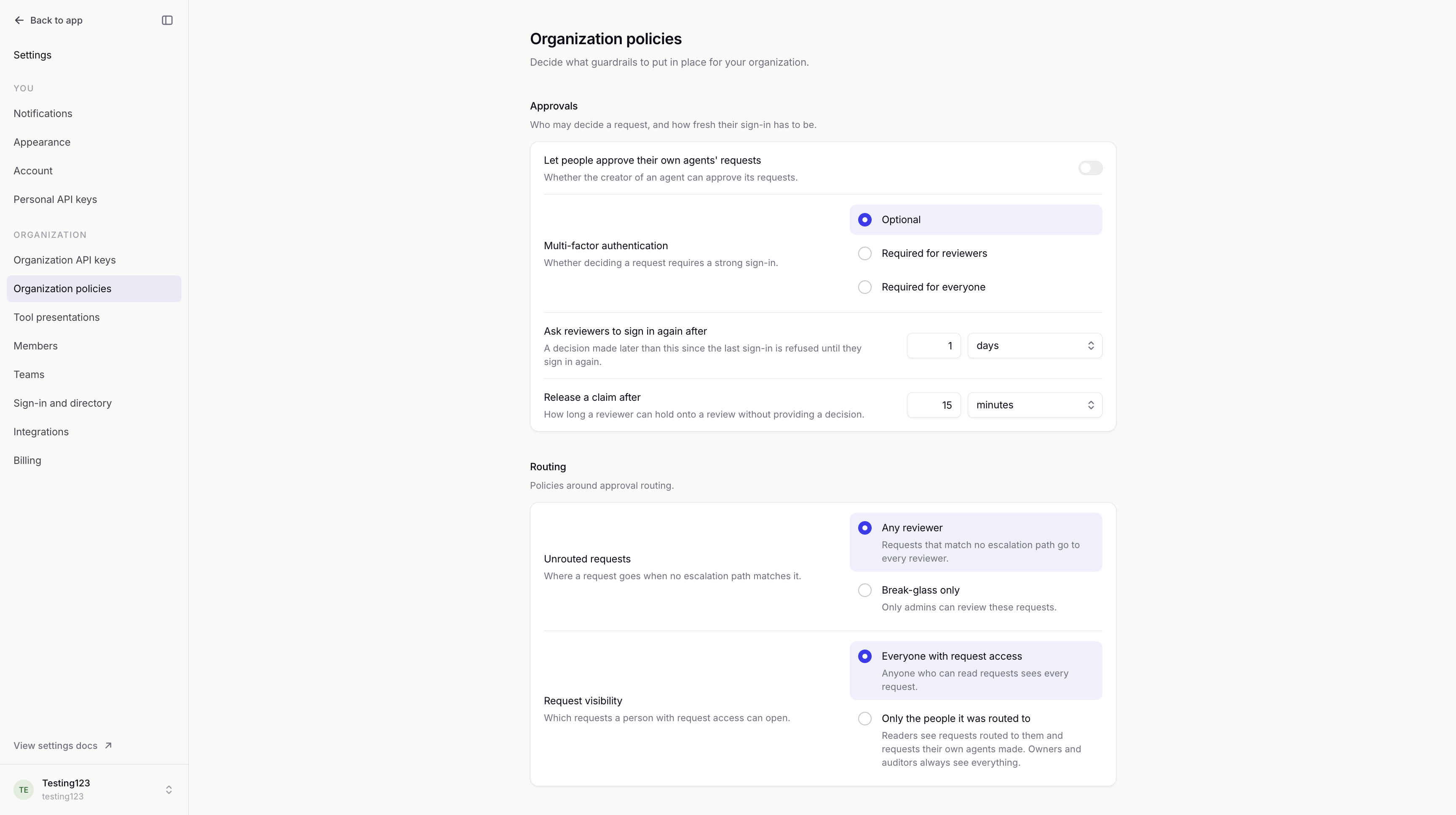 Organization policies showing self-approval, MFA choices, a one-day sign-in window and a fifteen-minute claim duration