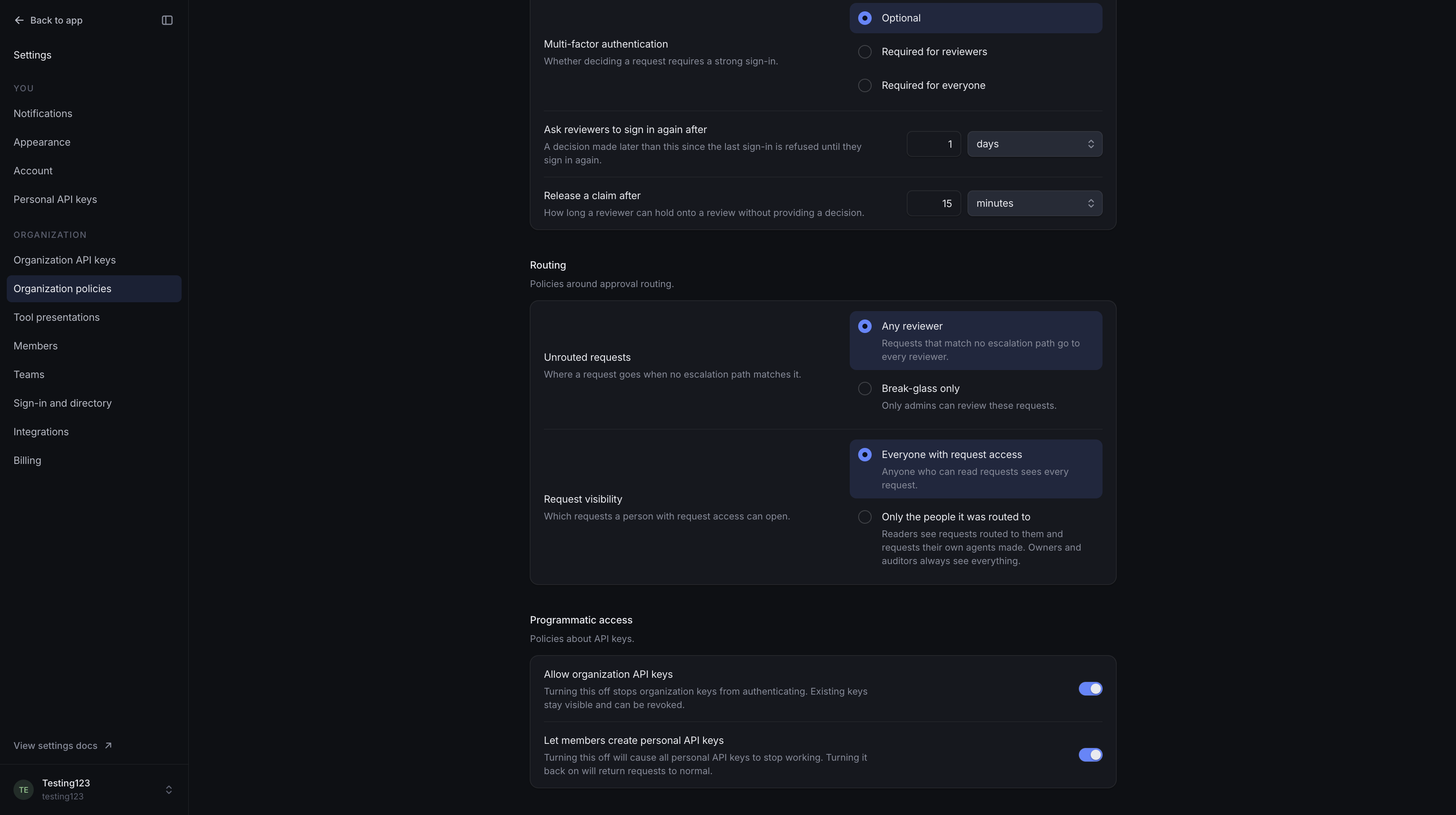 Organization policies showing unrouted request choices, request visibility and separate switches for organization and personal API keys